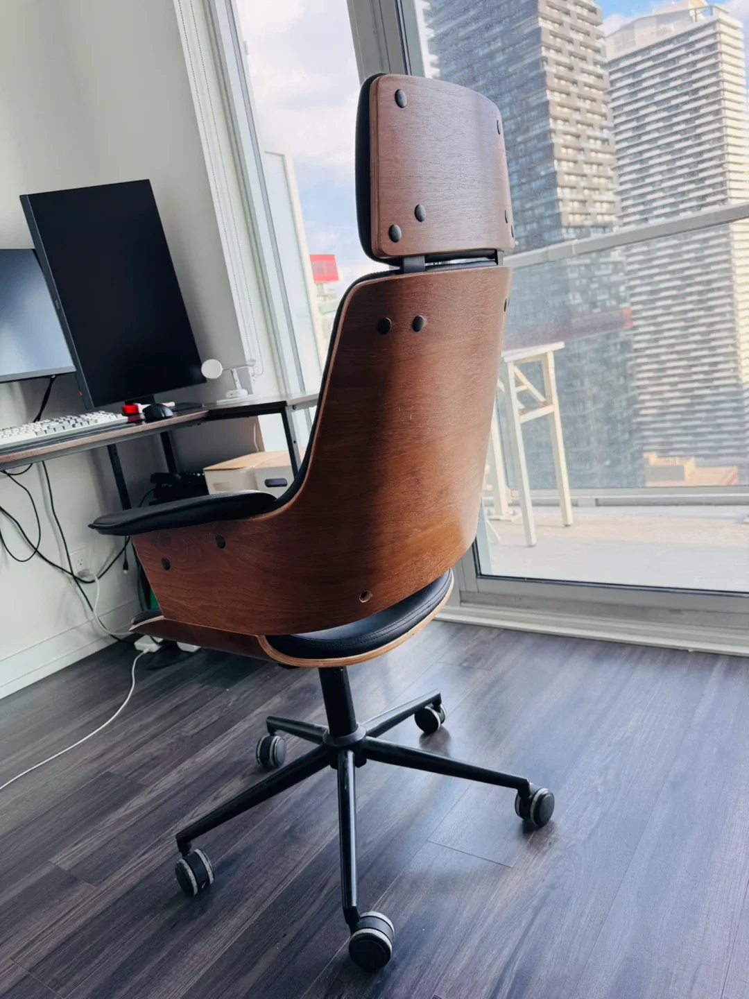 Structube cove Office Chair - Black Leather & Wood thumbnail