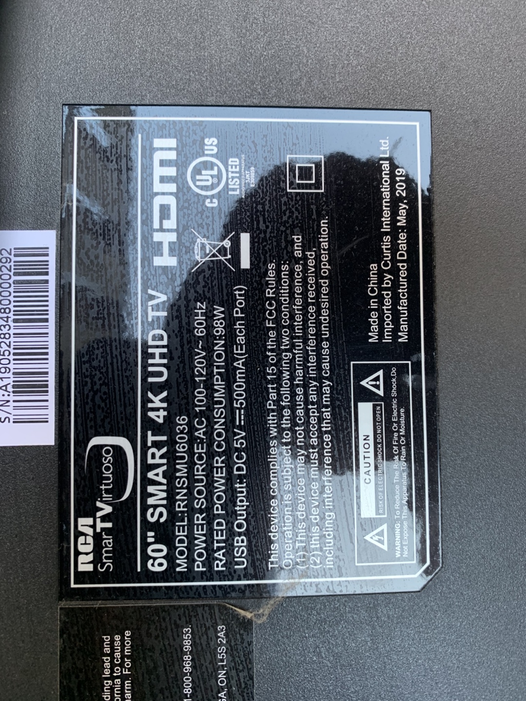 RCA 60" Smart 4K UHD TV Parts