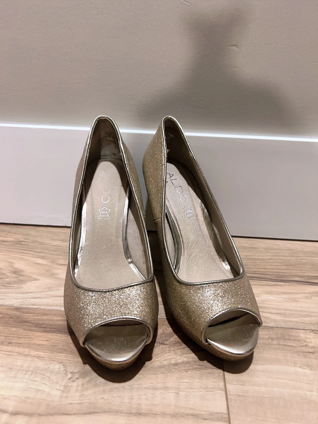 Aldo Gold Glitter Peep-Toe Heels, Size 6 - photo 2