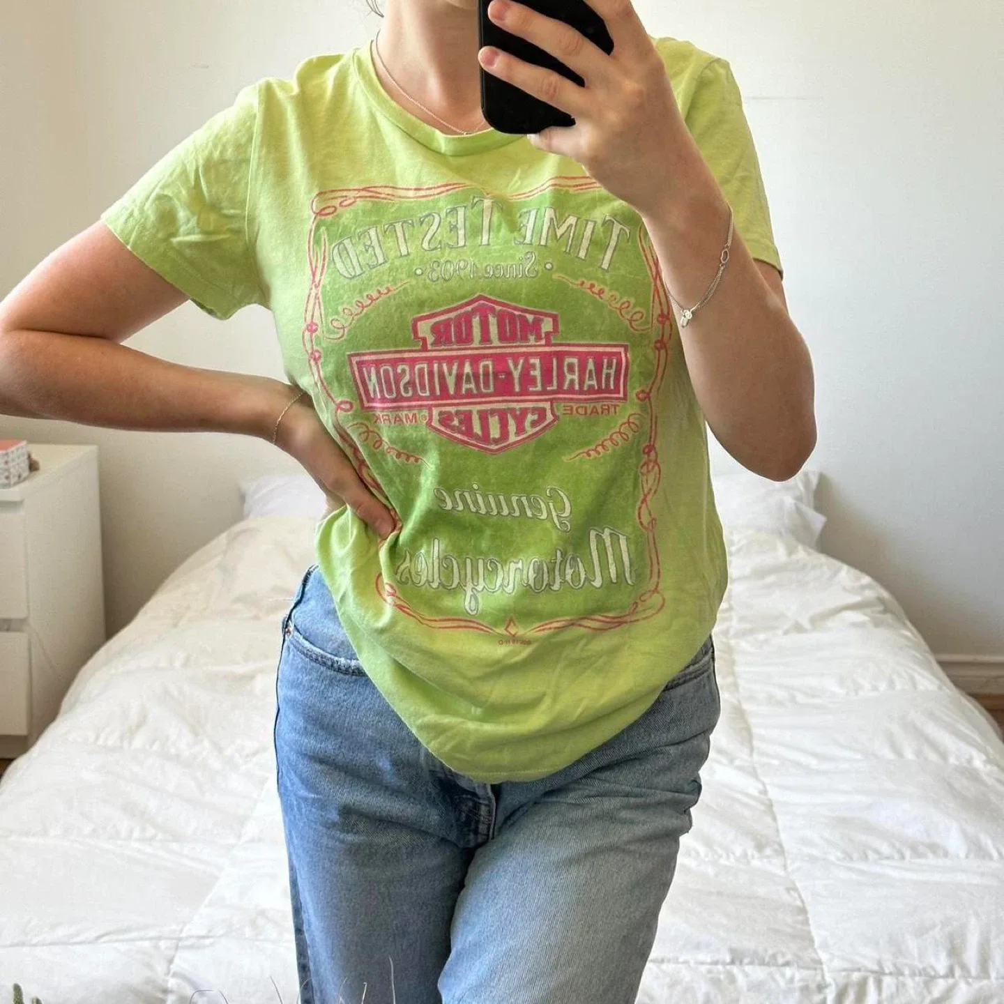 Y2k Harley Davidson green and pink tee