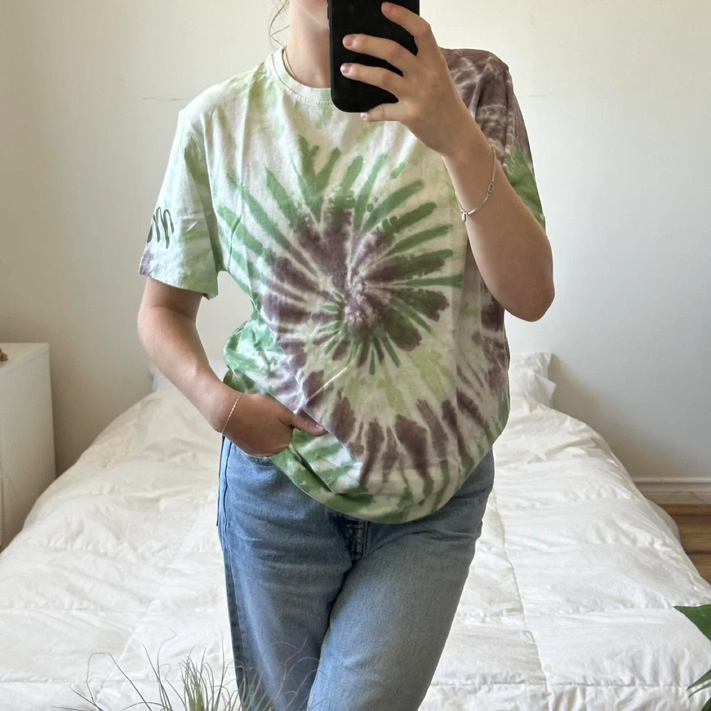 Green and purple spiral tie-dye t-shirt