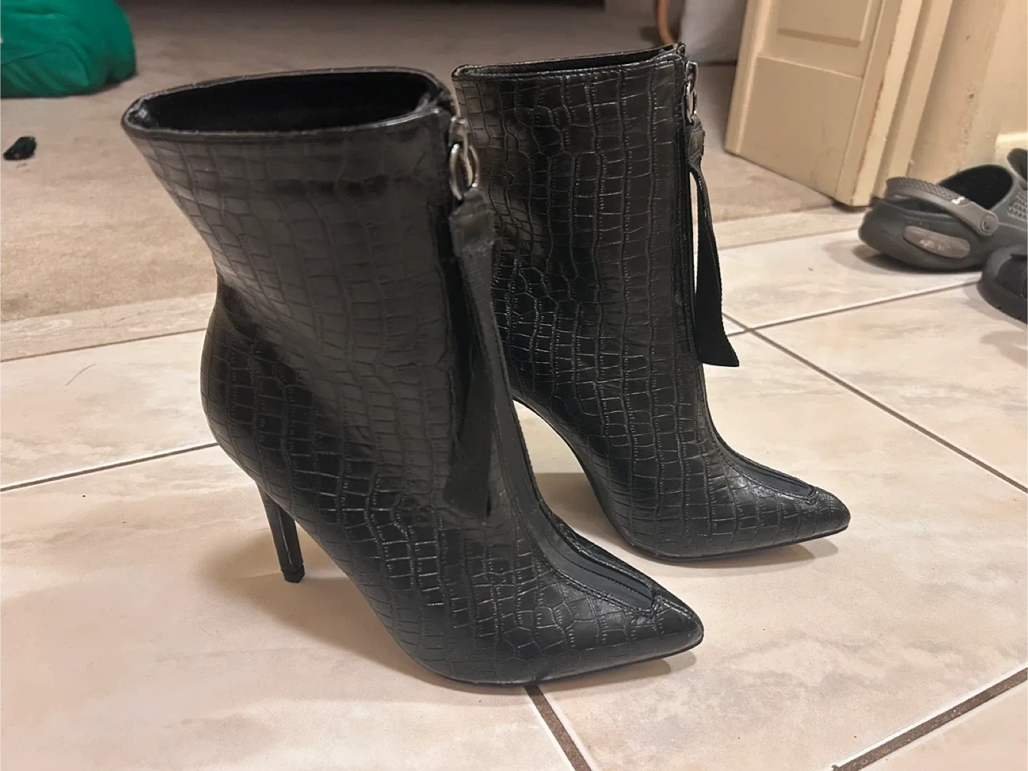 Black Crocodile Print Heeled Ankle Boots
