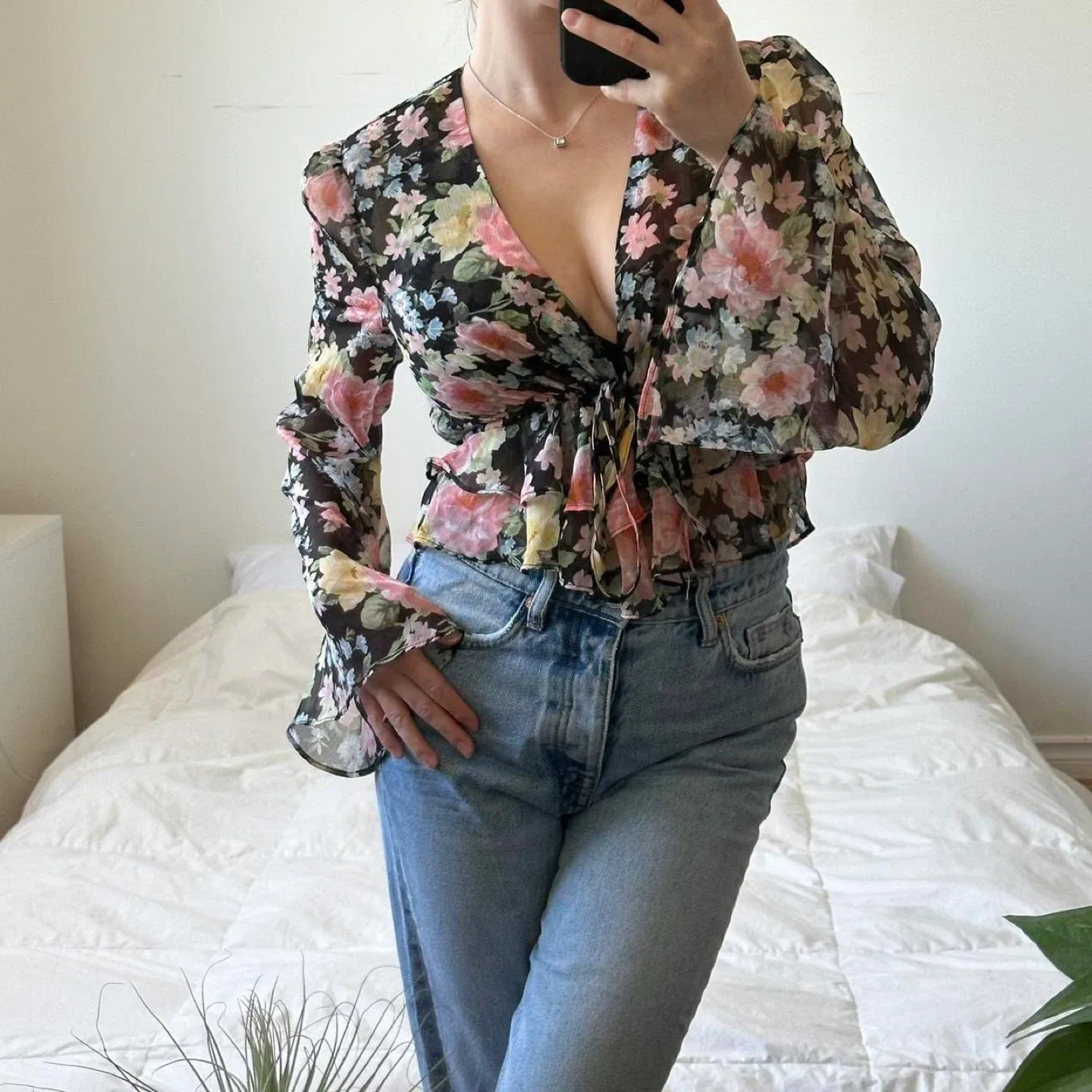 Floral sheer bell sleeve blouse with tie-up detail
