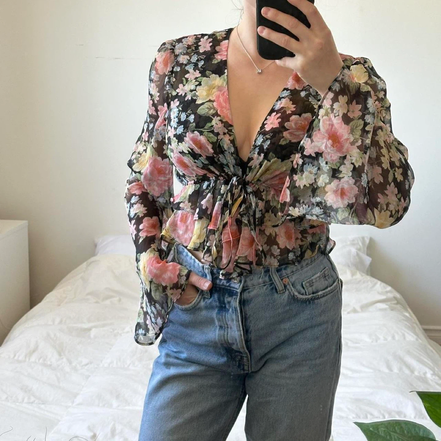 Floral sheer bell sleeve blouse with tie-up detail - photo 2