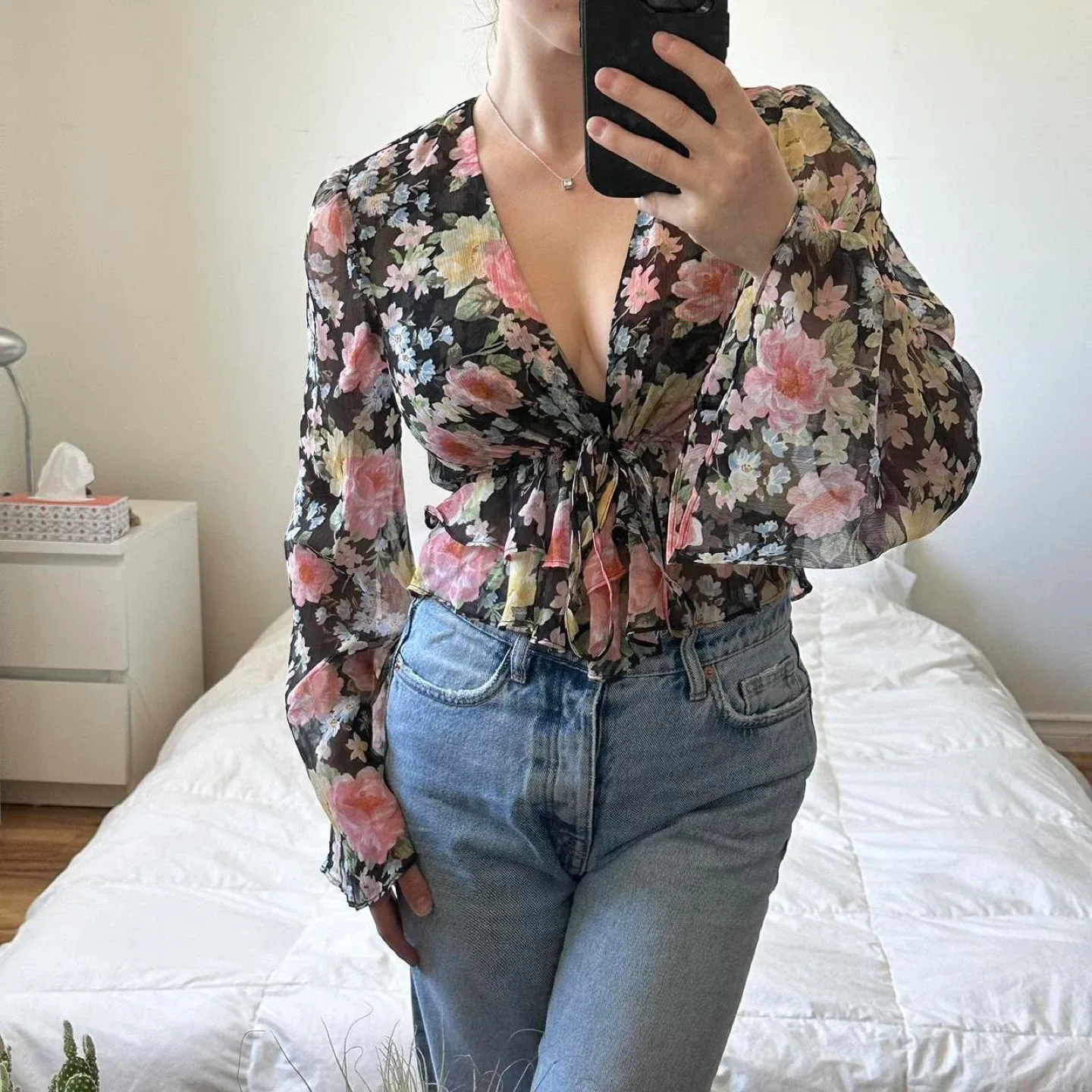 Floral sheer bell sleeve blouse with tie-up detail image indicator(4)