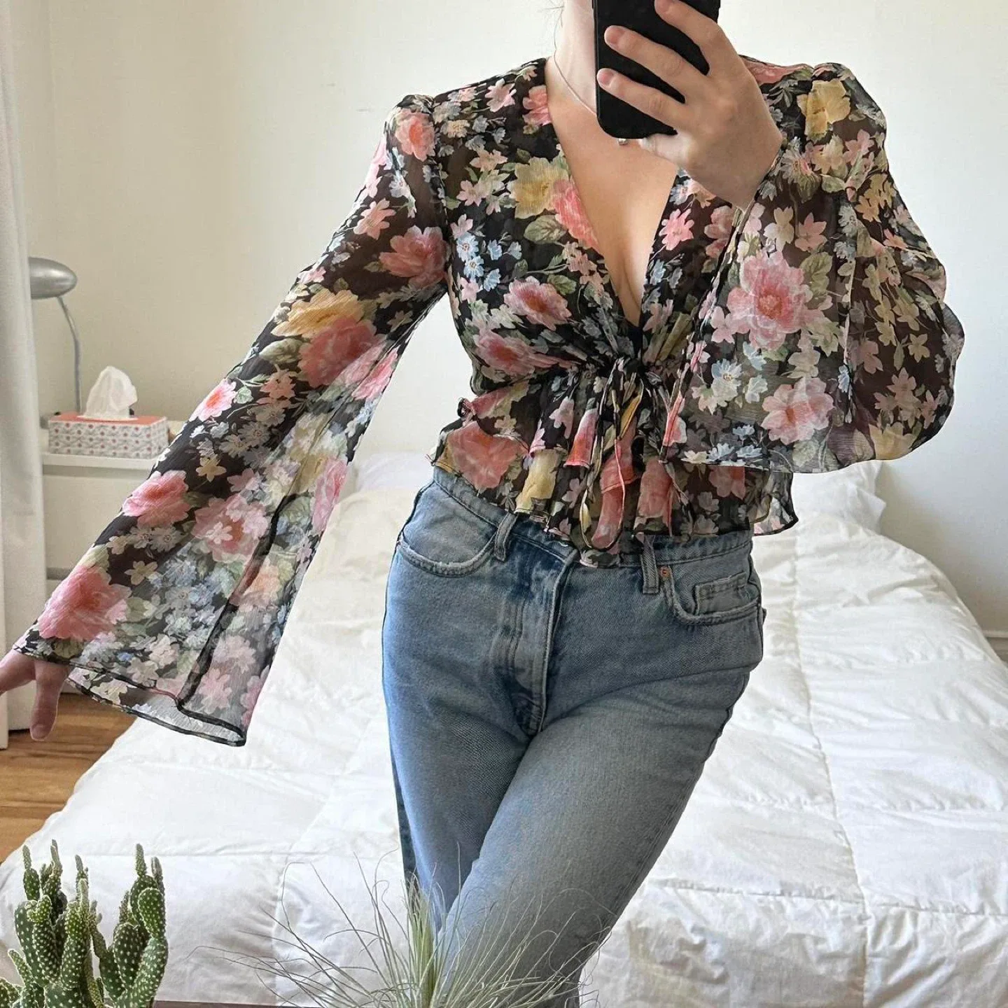 Floral sheer bell sleeve blouse with tie-up detail image indicator(3)