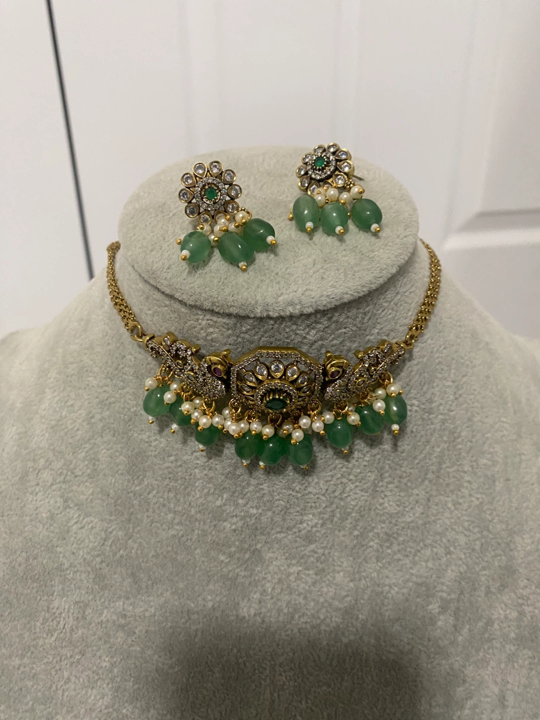 Necklace & Earrings Set - Green Jade & Gold - photo 5