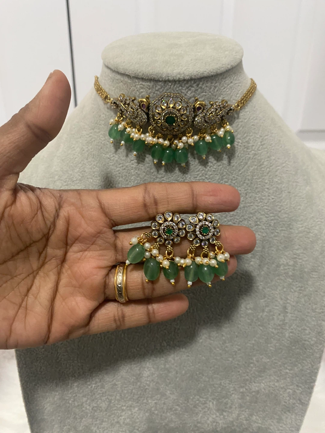 Necklace & Earrings Set - Green Jade & Gold - photo 2