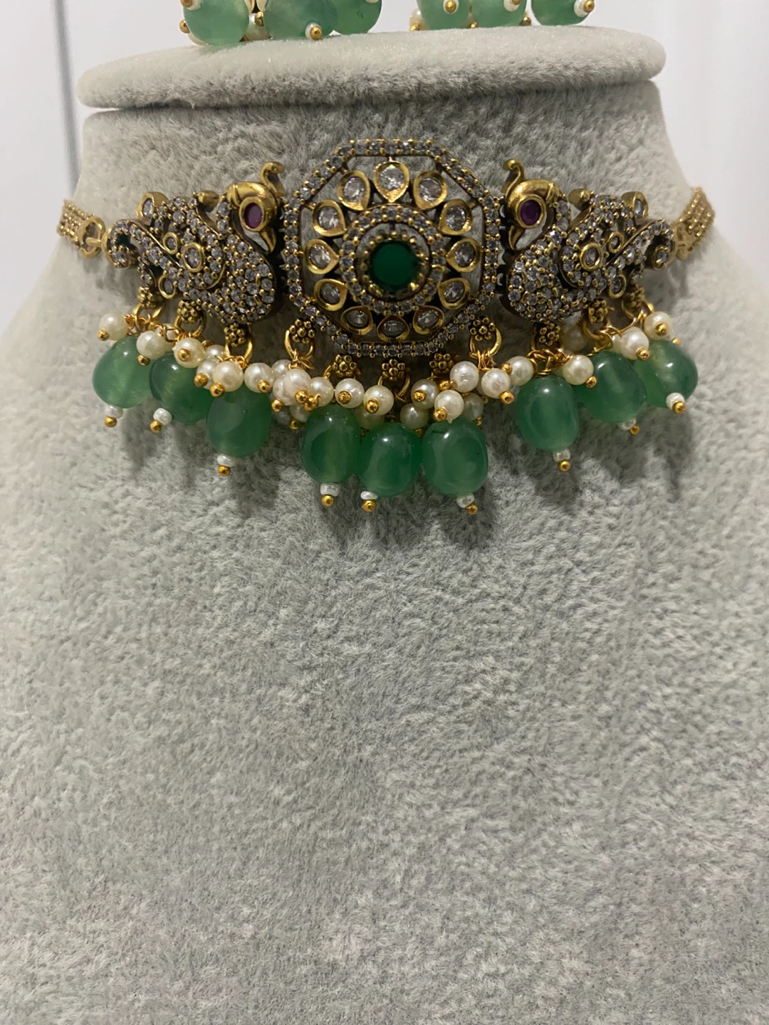 Necklace & Earrings Set - Green Jade & Gold - photo 4