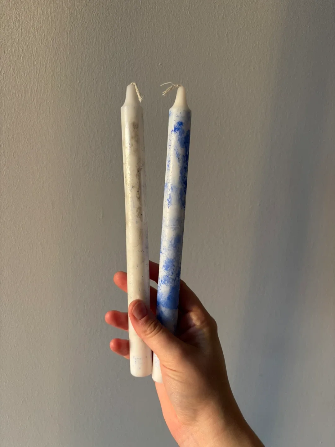2 Handmade Decorative Taper Candles - painted blue & silver thumbnail