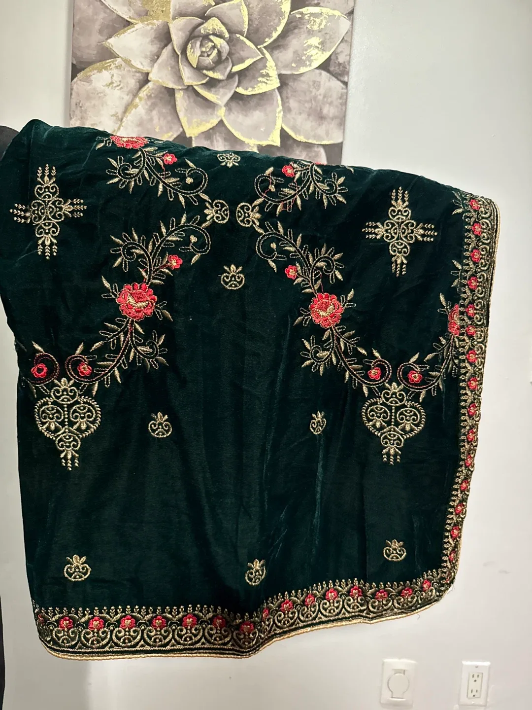 Embroidered Velvet Shawl, Green thumbnail