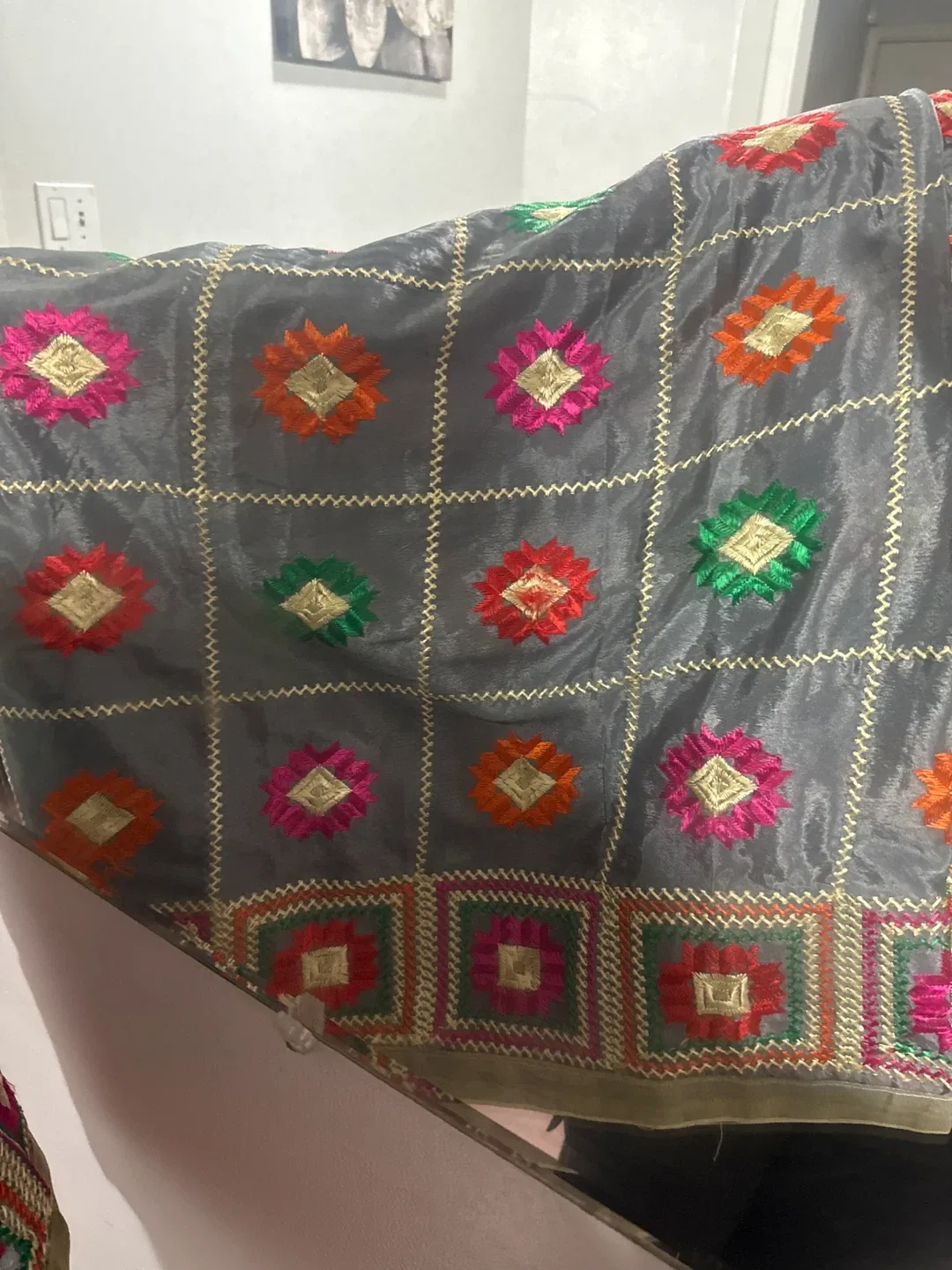 Embroidered Phulkari Dupatta - Grey thumbnail