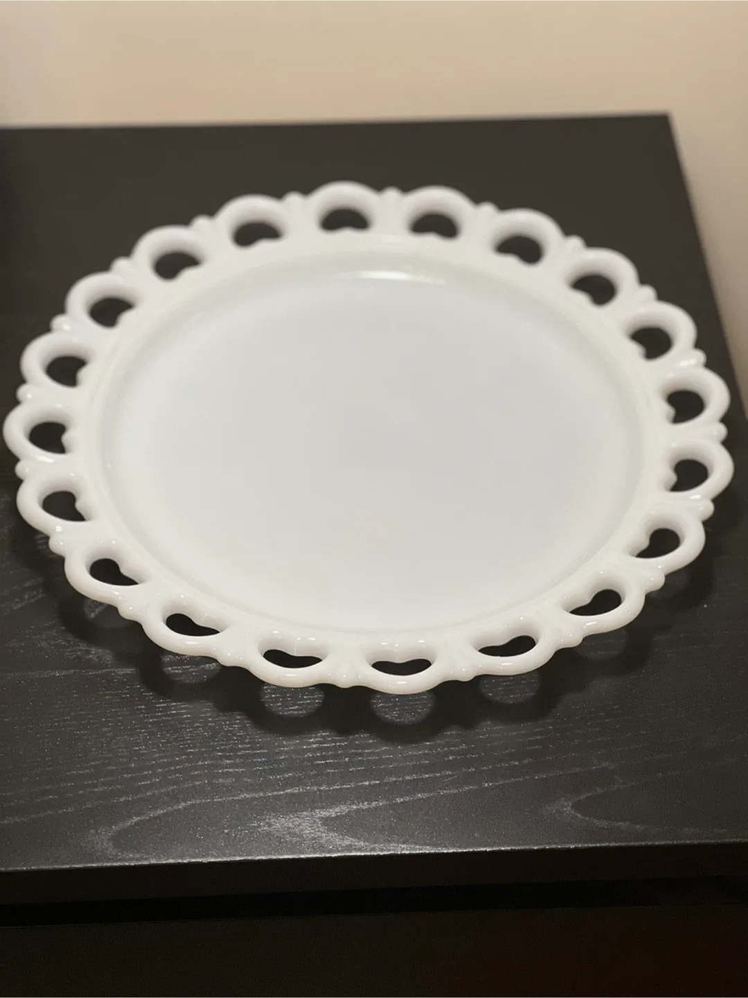 Anchor Hocking 13” Lace Edge Milk Glass Torte Plate thumbnail