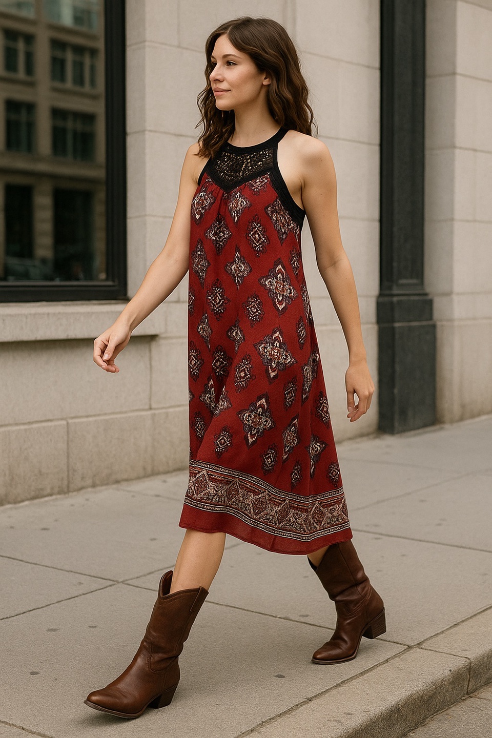 Exhilaration Boho Midi Dress –Burgundy Print with crochet detail
