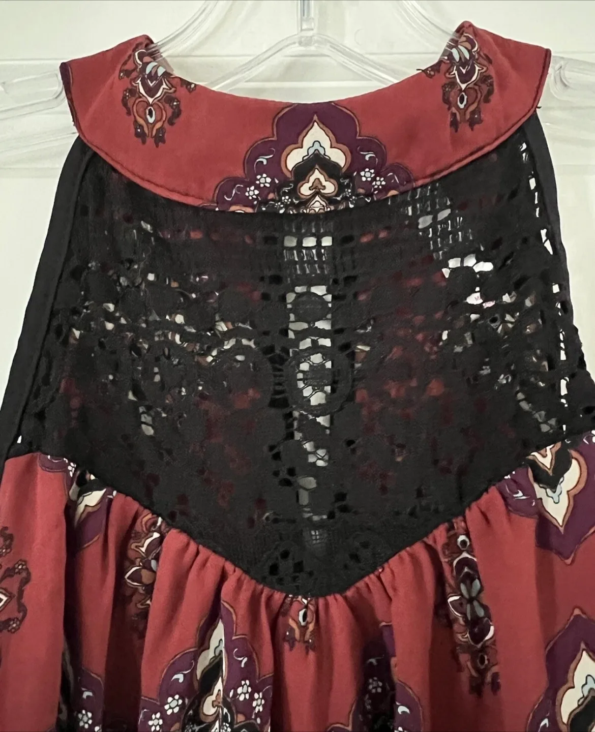 Exhilaration Boho Midi Dress –Burgundy Print with crochet detail image indicator(5)