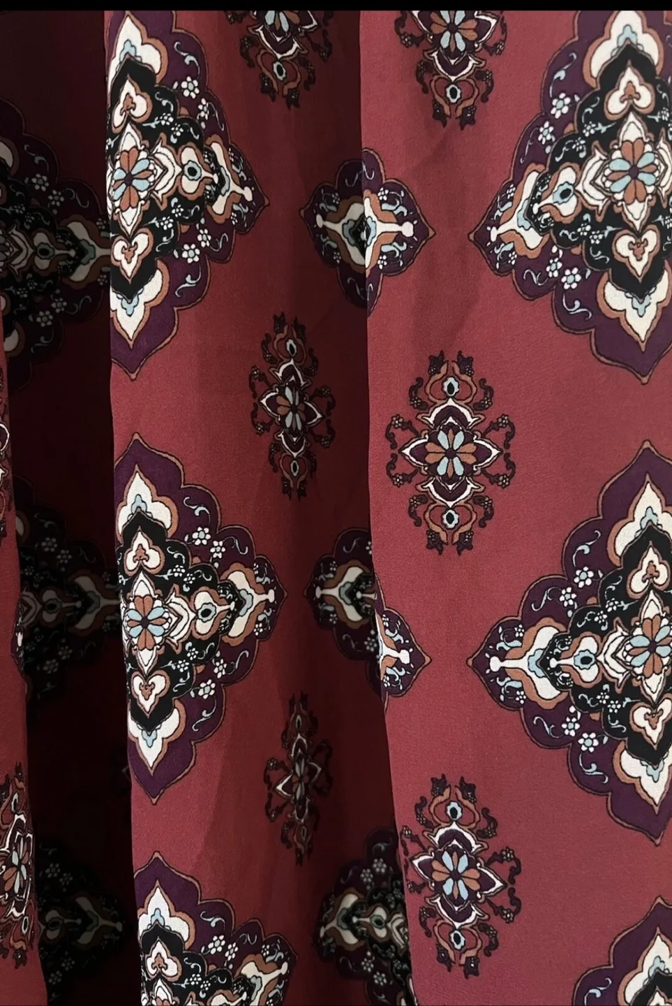 Exhilaration Boho Midi Dress –Burgundy Print with crochet detail image indicator(4)