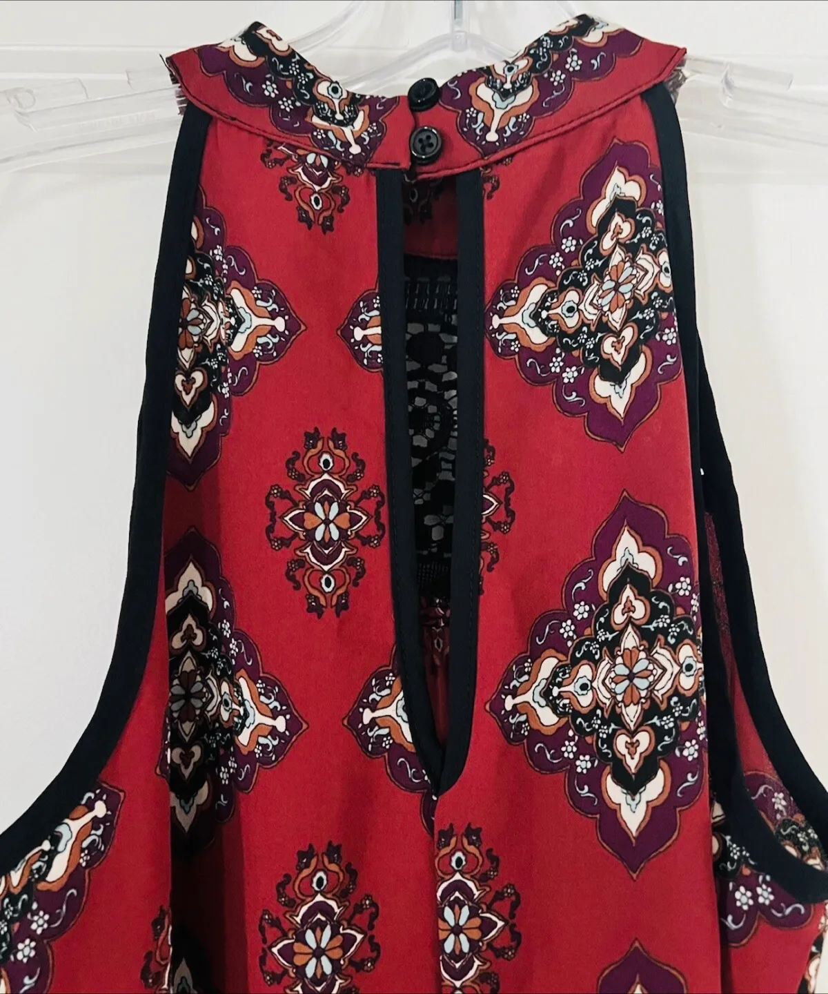 Exhilaration Boho Midi Dress –Burgundy Print with crochet detail image indicator(6)