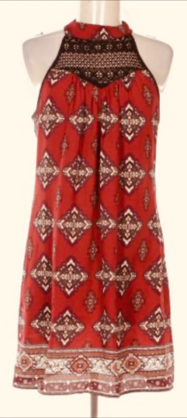 Exhilaration Boho Midi Dress –Burgundy Print with crochet detail image indicator(9)