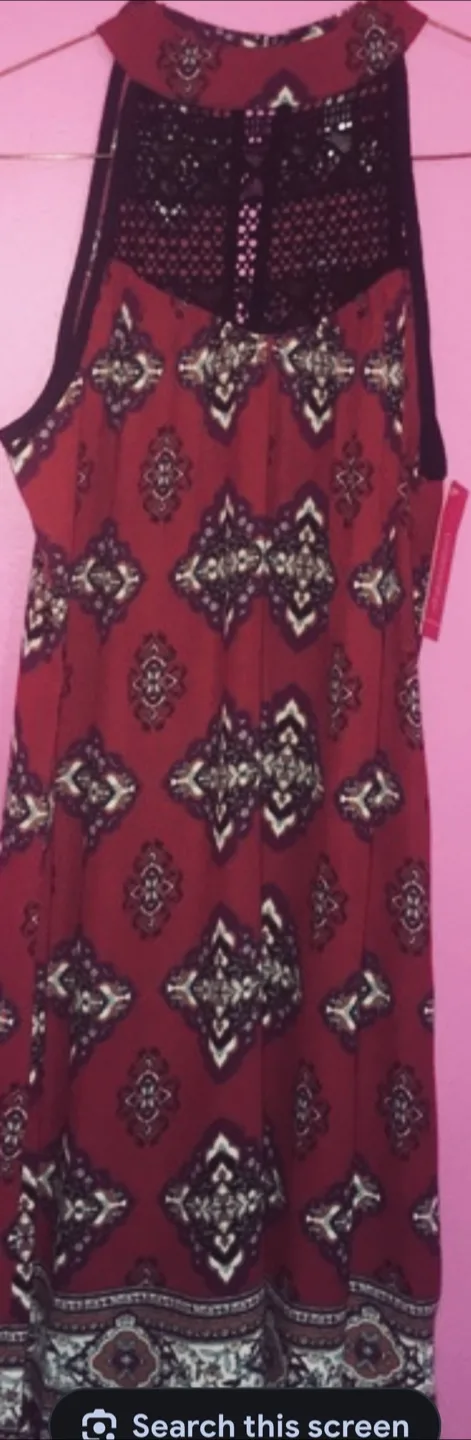 Exhilaration Boho Midi Dress –Burgundy Print with crochet detail image indicator(10)