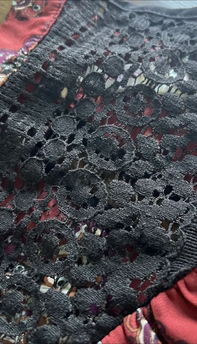 Exhilaration Boho Midi Dress –Burgundy Print with crochet detail image indicator(7)