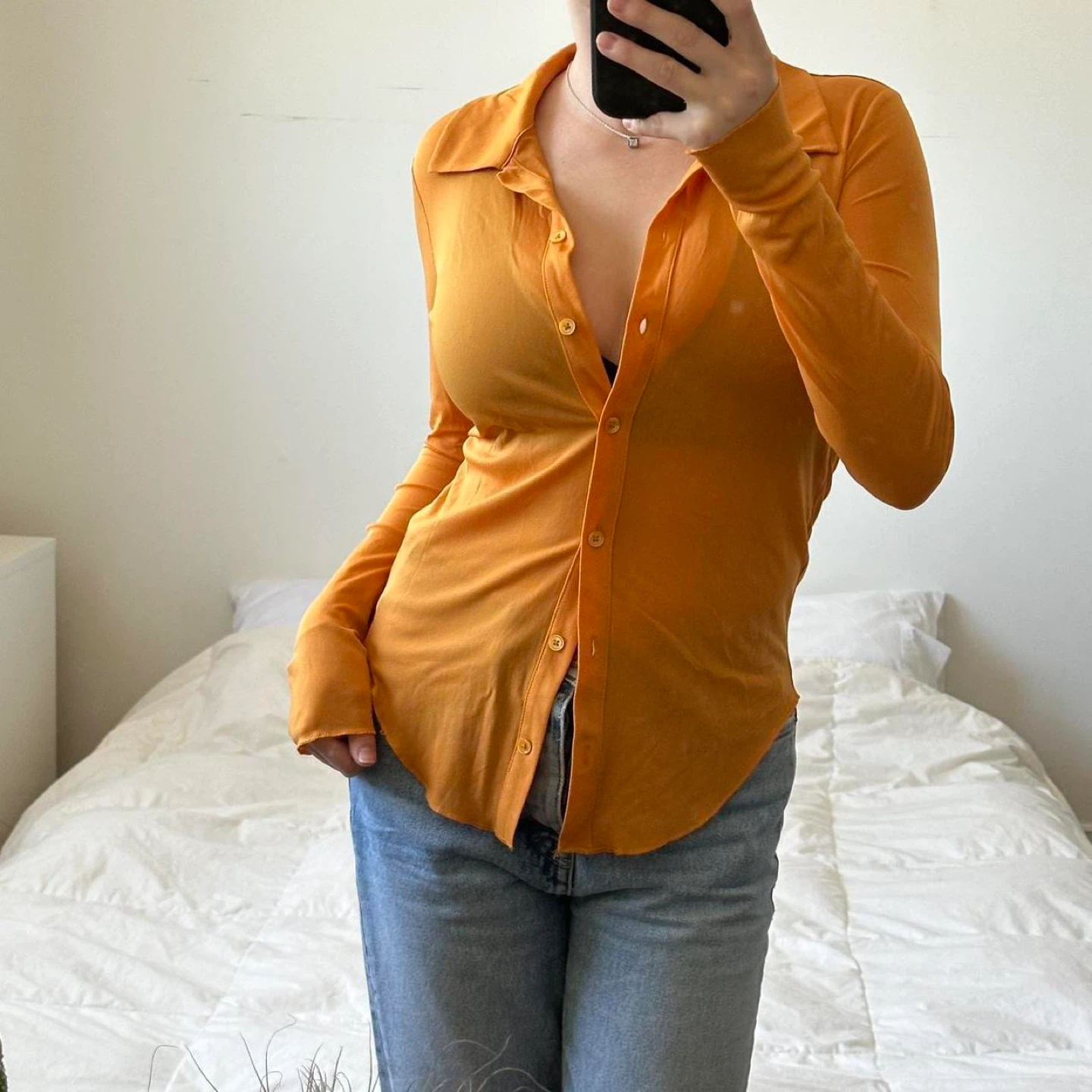 Aritzia orange long sleeve sheer button up shirt - photo 2