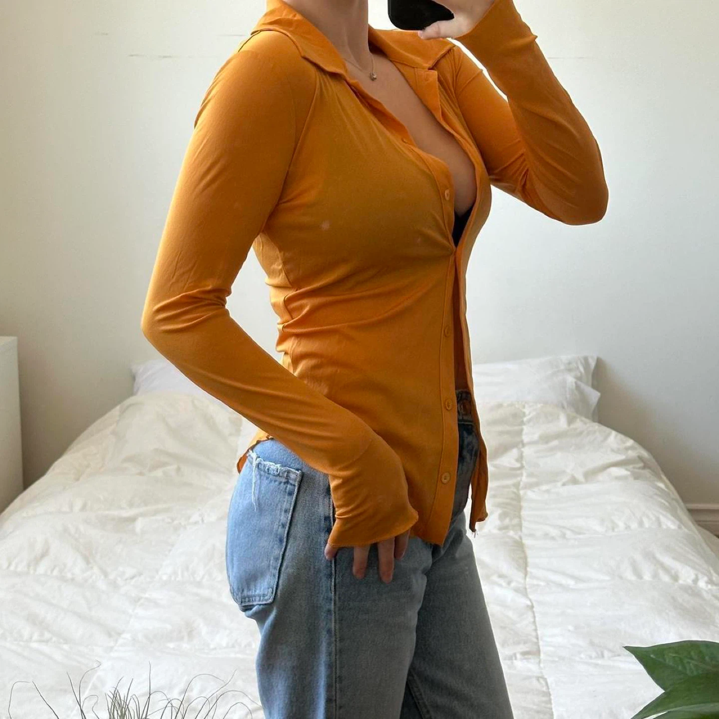 Aritzia orange long sleeve sheer button up shirt - photo 4