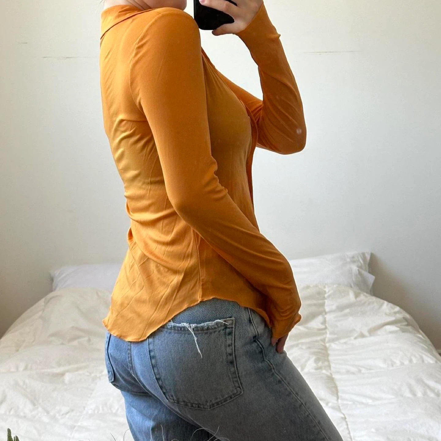 Aritzia orange long sleeve sheer button up shirt - photo 3