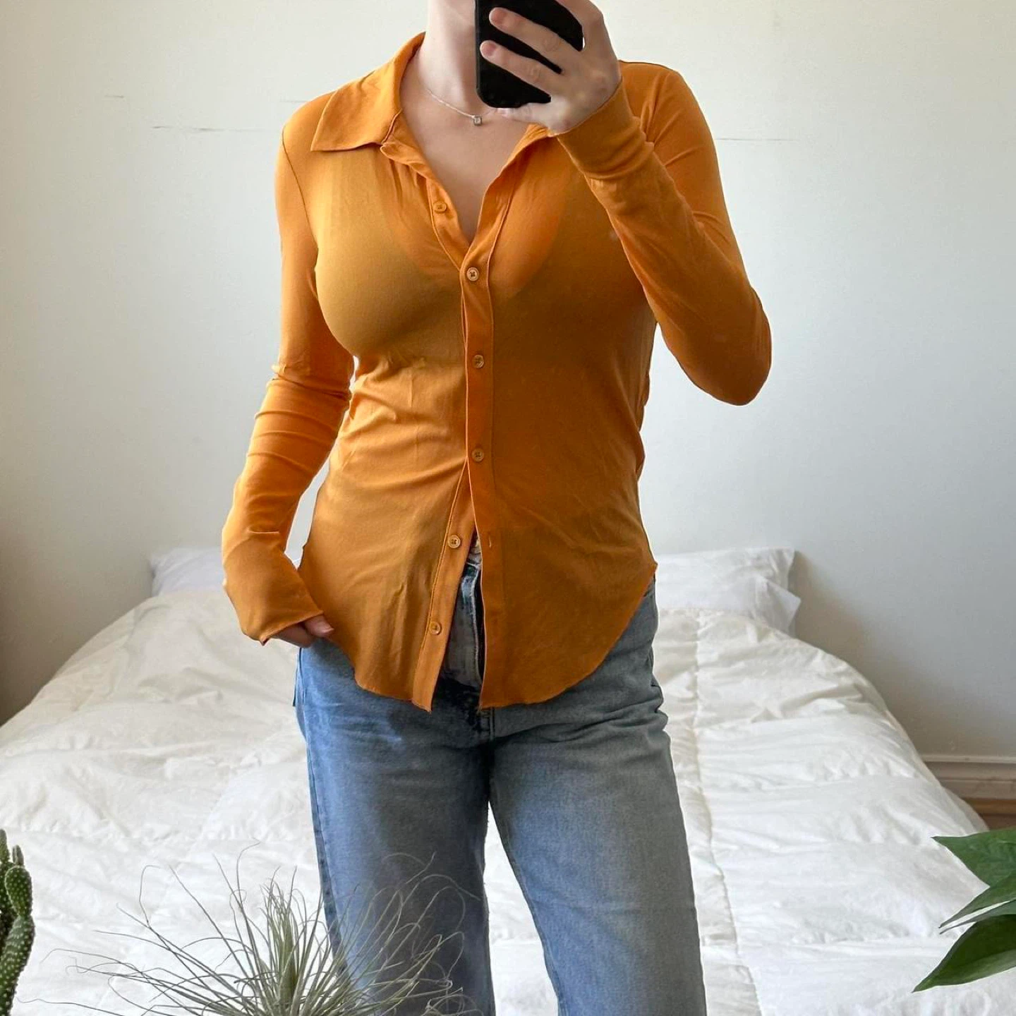 Aritzia orange long sleeve sheer button up shirt - photo 5