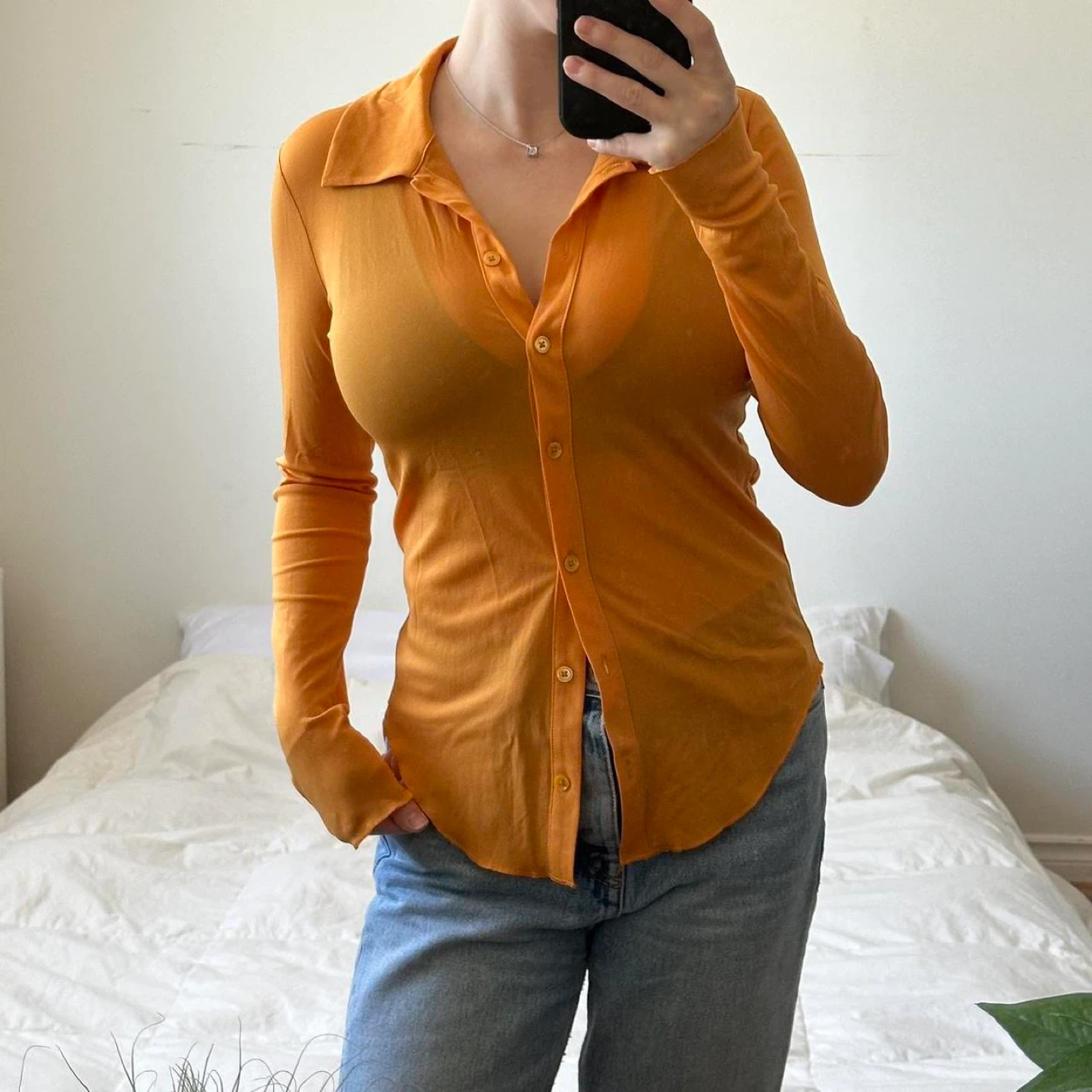 Aritzia orange long sleeve sheer button up shirt
