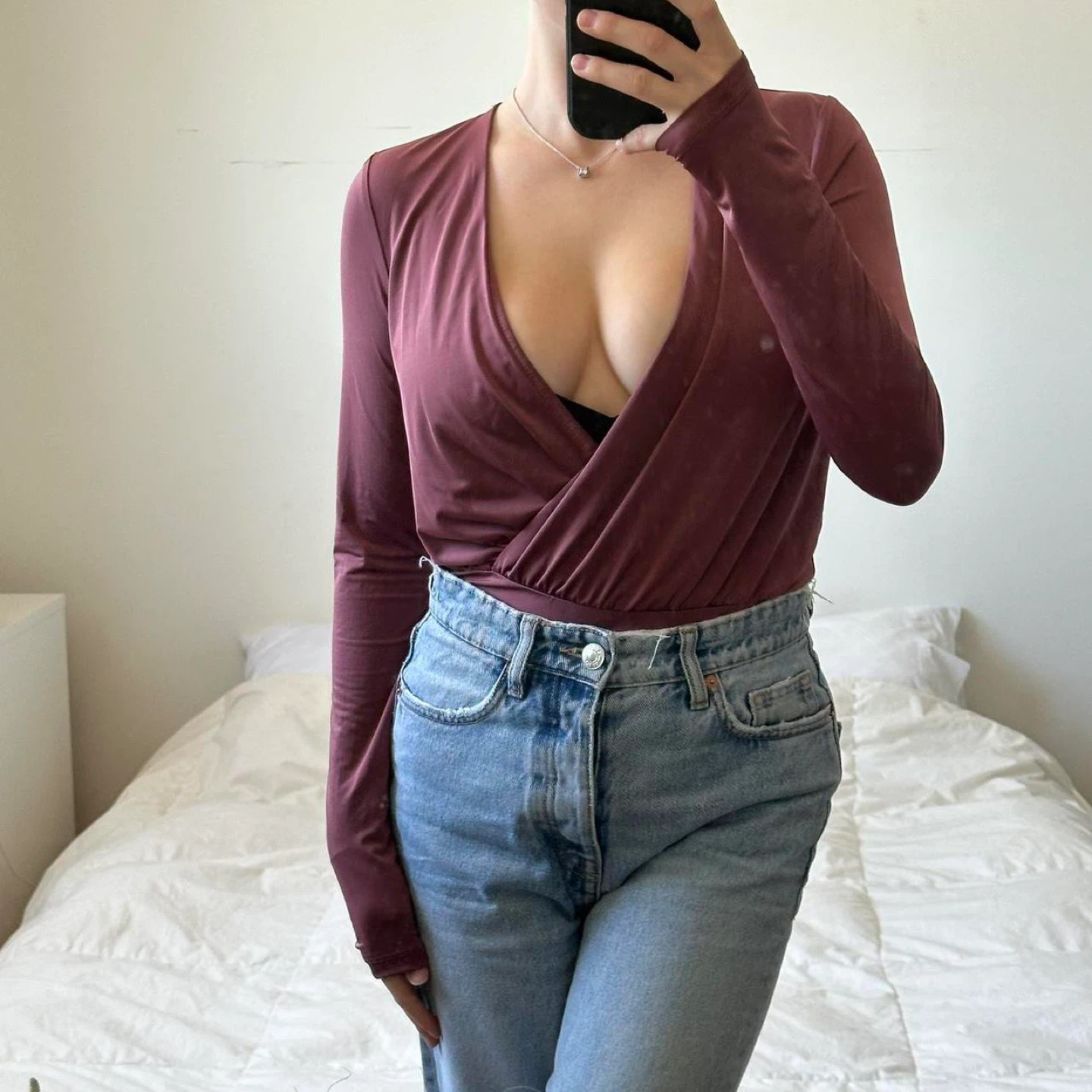 Burgundy long sleeve wrap bodysuit - photo 2