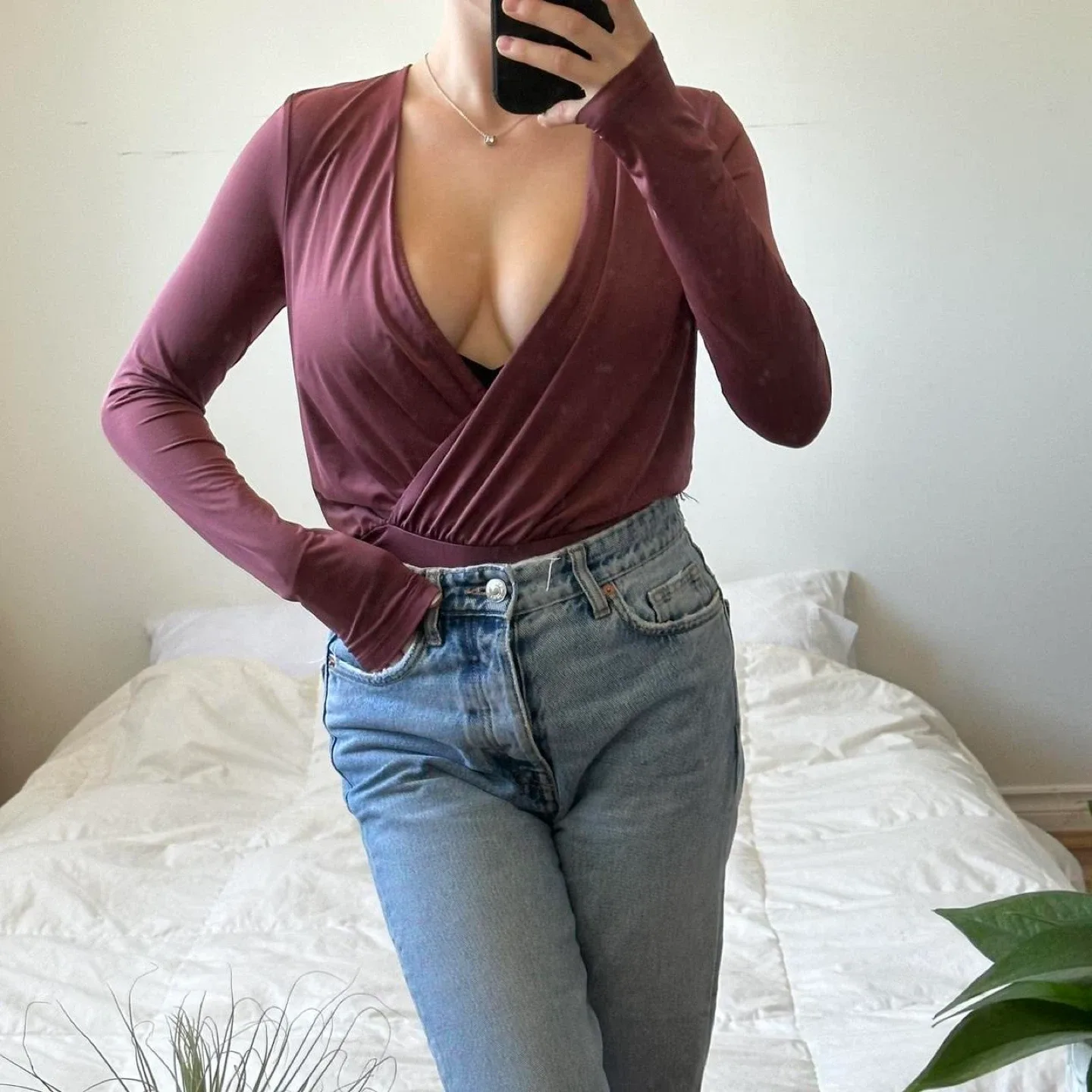 Burgundy long sleeve wrap bodysuit