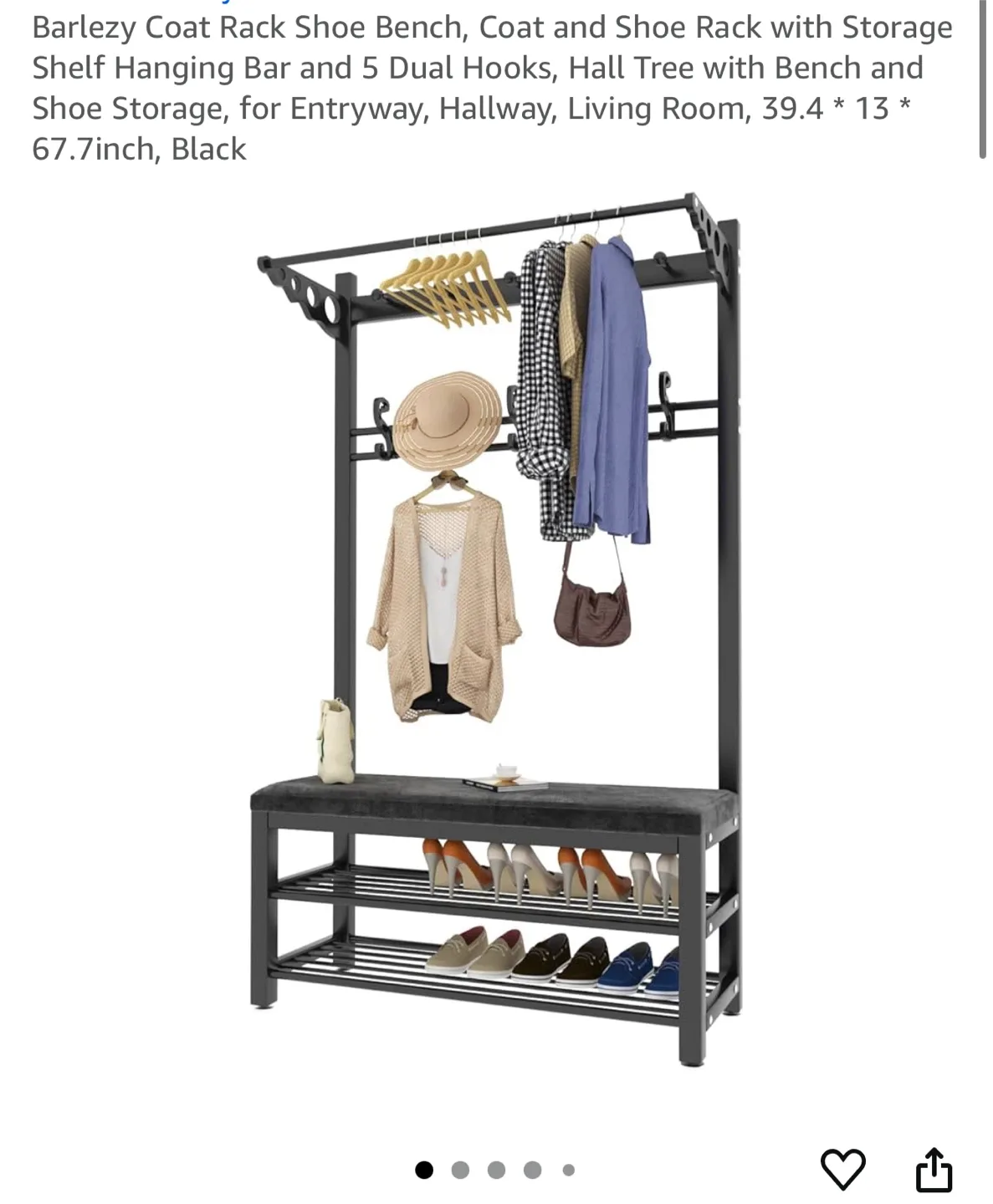 Barlezy Coat Rack Shoe Bench - Black thumbnail