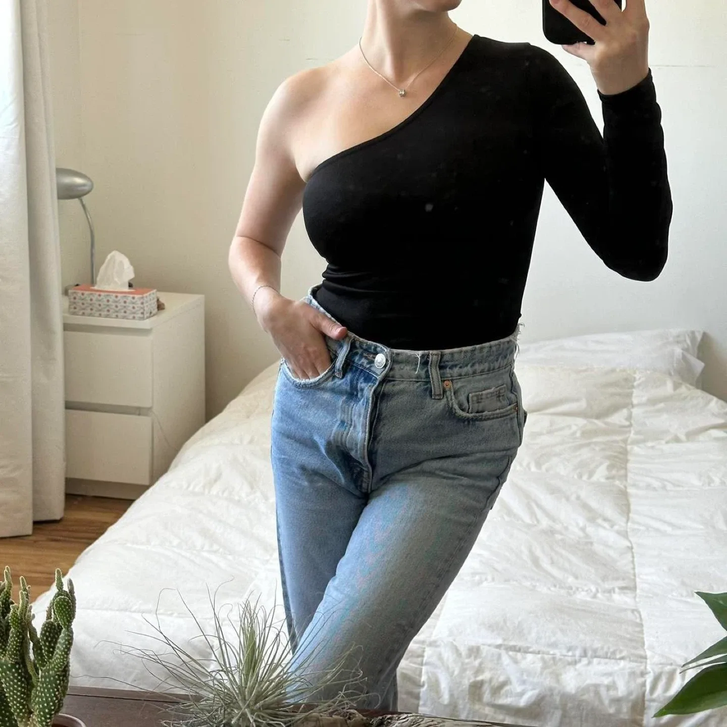 Black one shoulder bodysuit