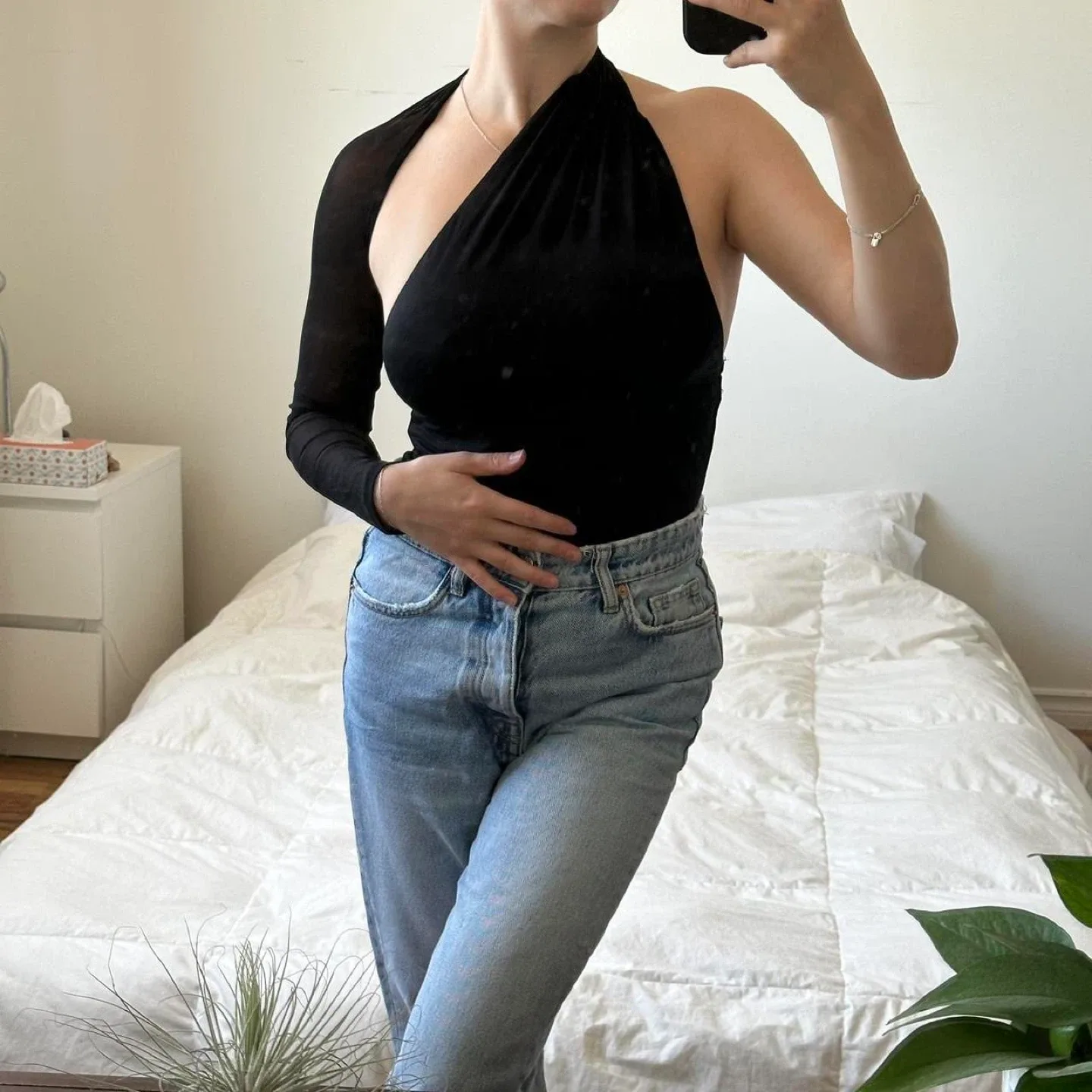 Black one shoulder wrap around mesh top