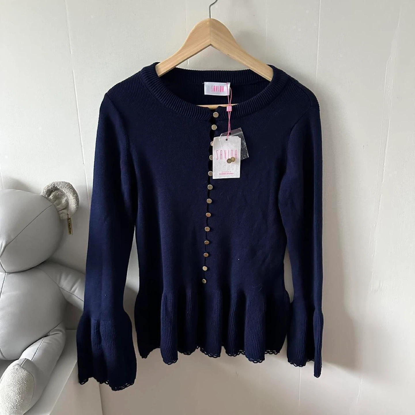 Navy blue button up sweater with bell sleeves and gold buttons - photo 2