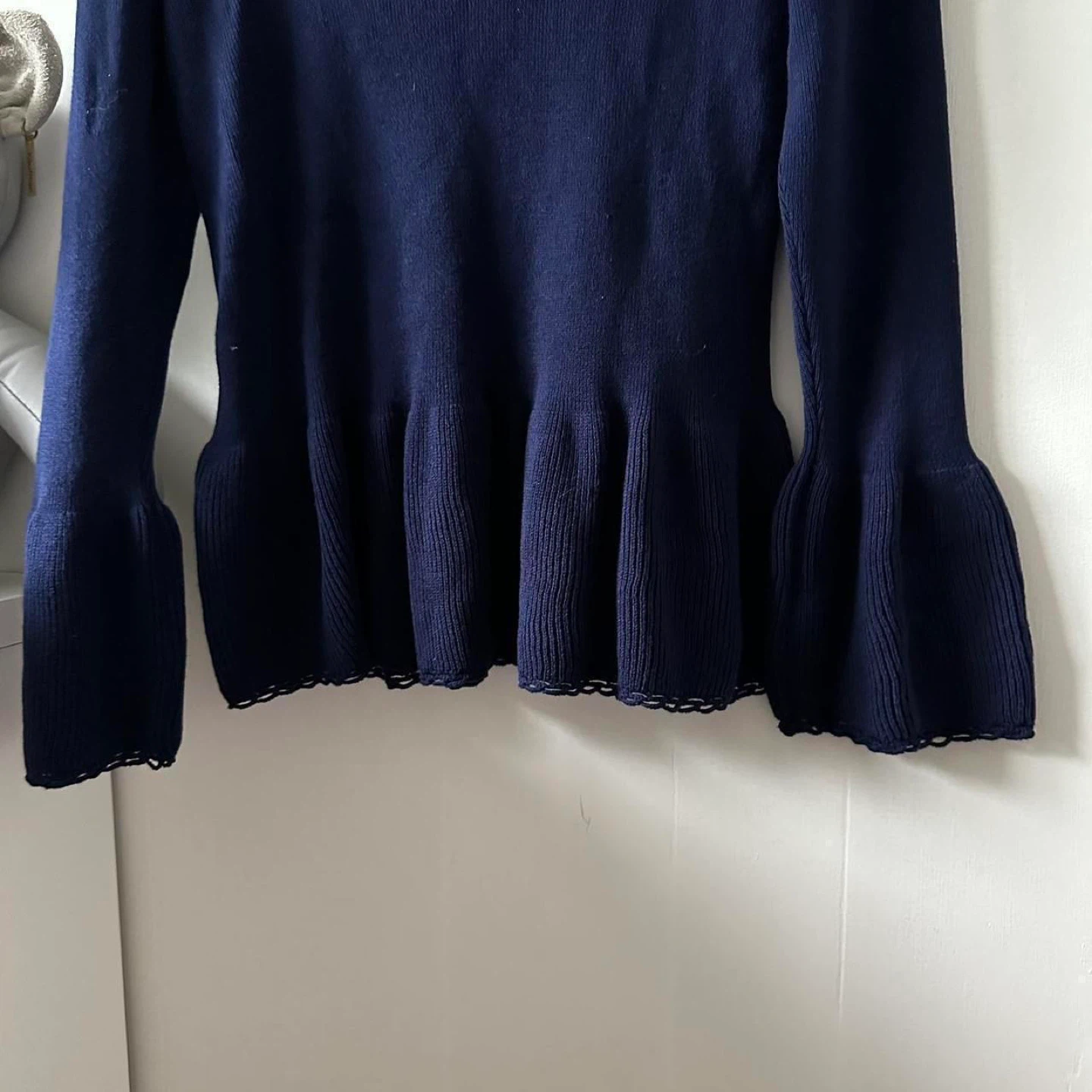 Navy blue button up sweater with bell sleeves and gold buttons - photo 4