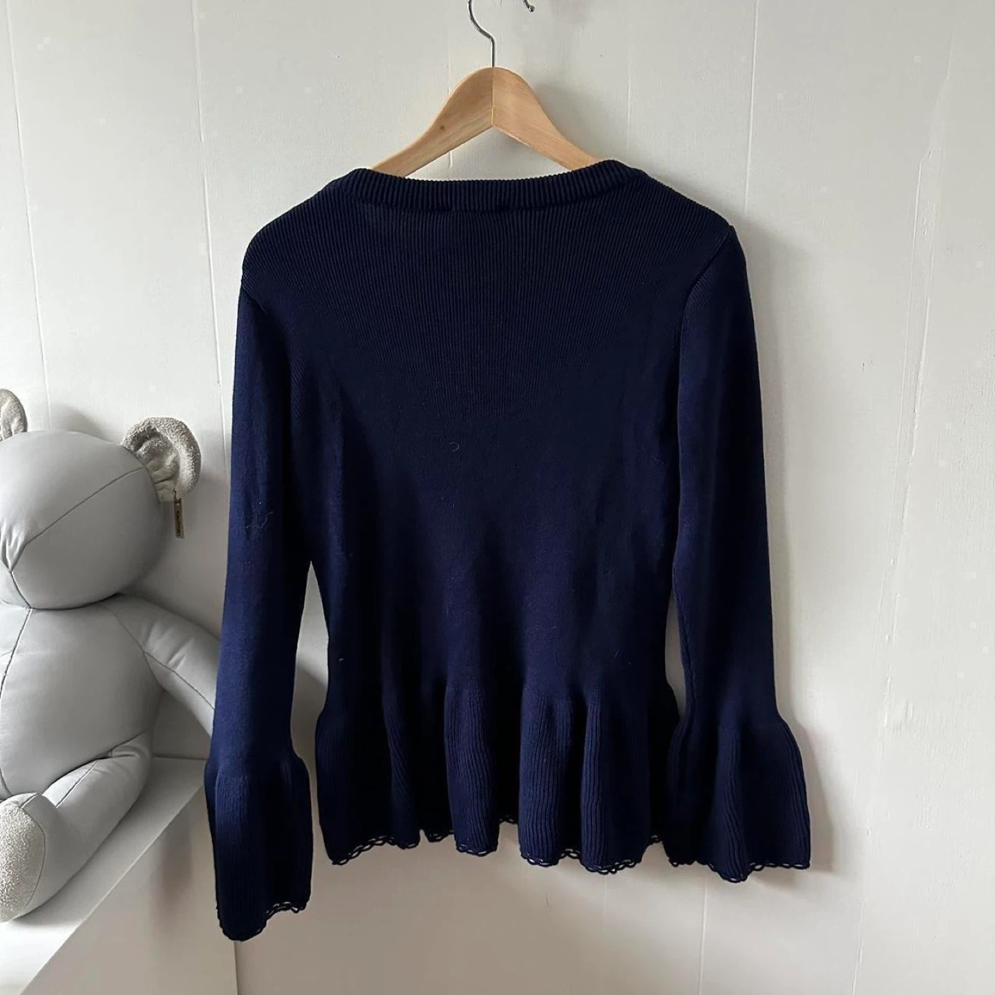 Navy blue button up sweater with bell sleeves and gold buttons - photo 3