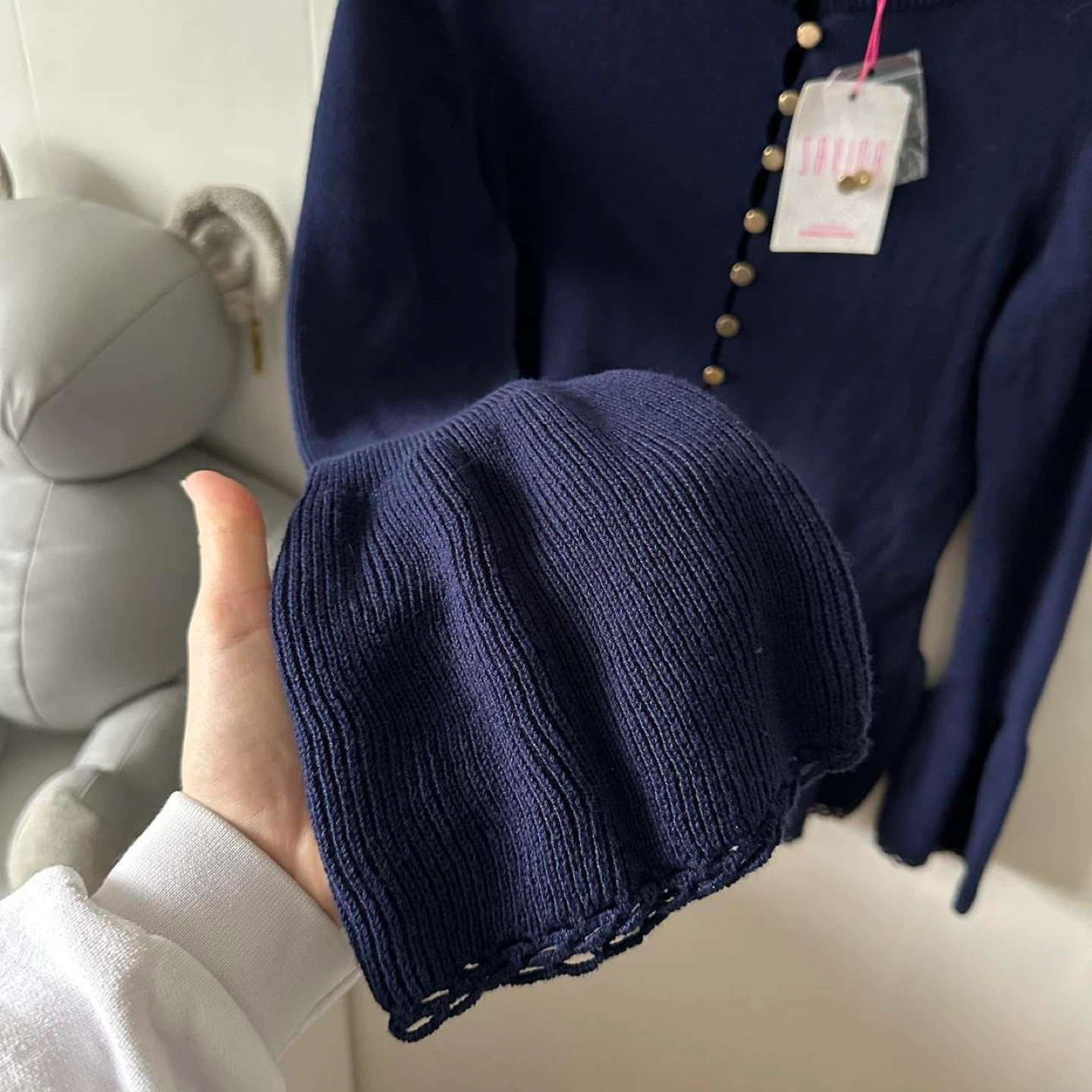 Navy blue button up sweater with bell sleeves and gold buttons - photo 5