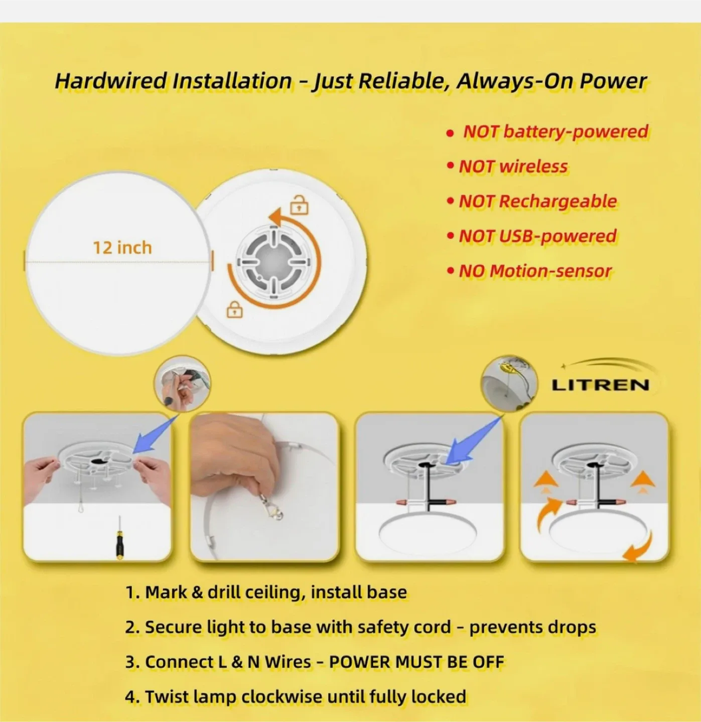 LITREN 12 inch Dimmable LED Ceiling Light image indicator(2)