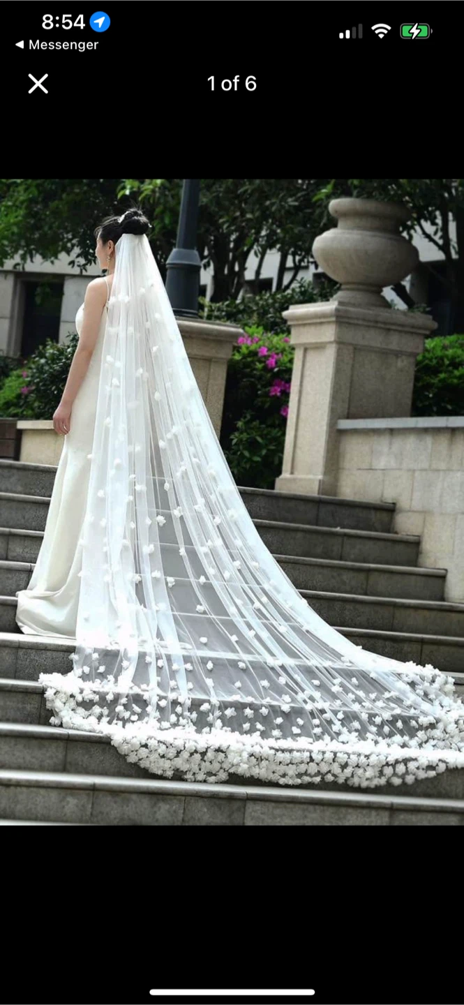 Cathedral soft white Wedding Veil with Floral Appliqués - White