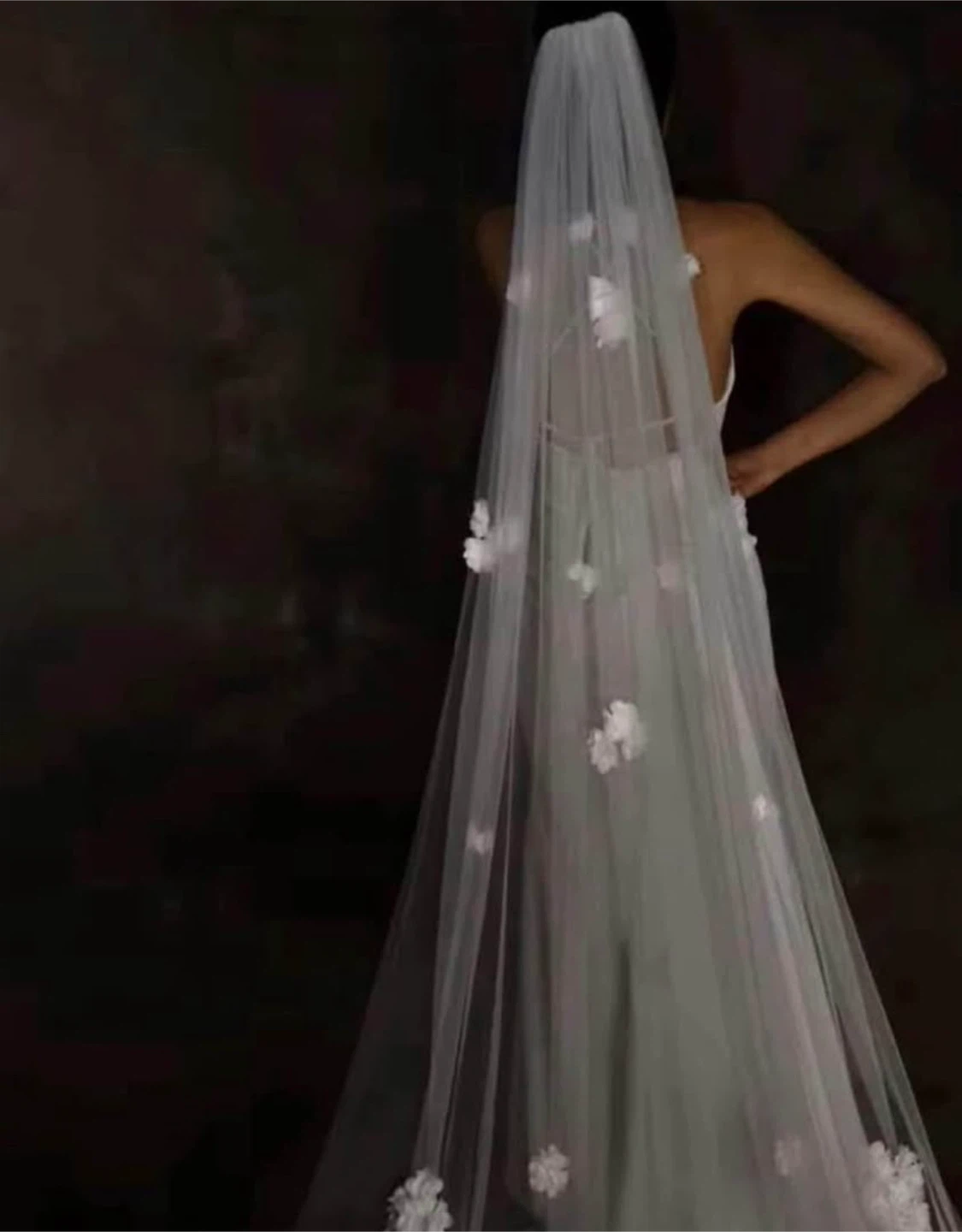 Wedding Veil with Floral Appliqués - White