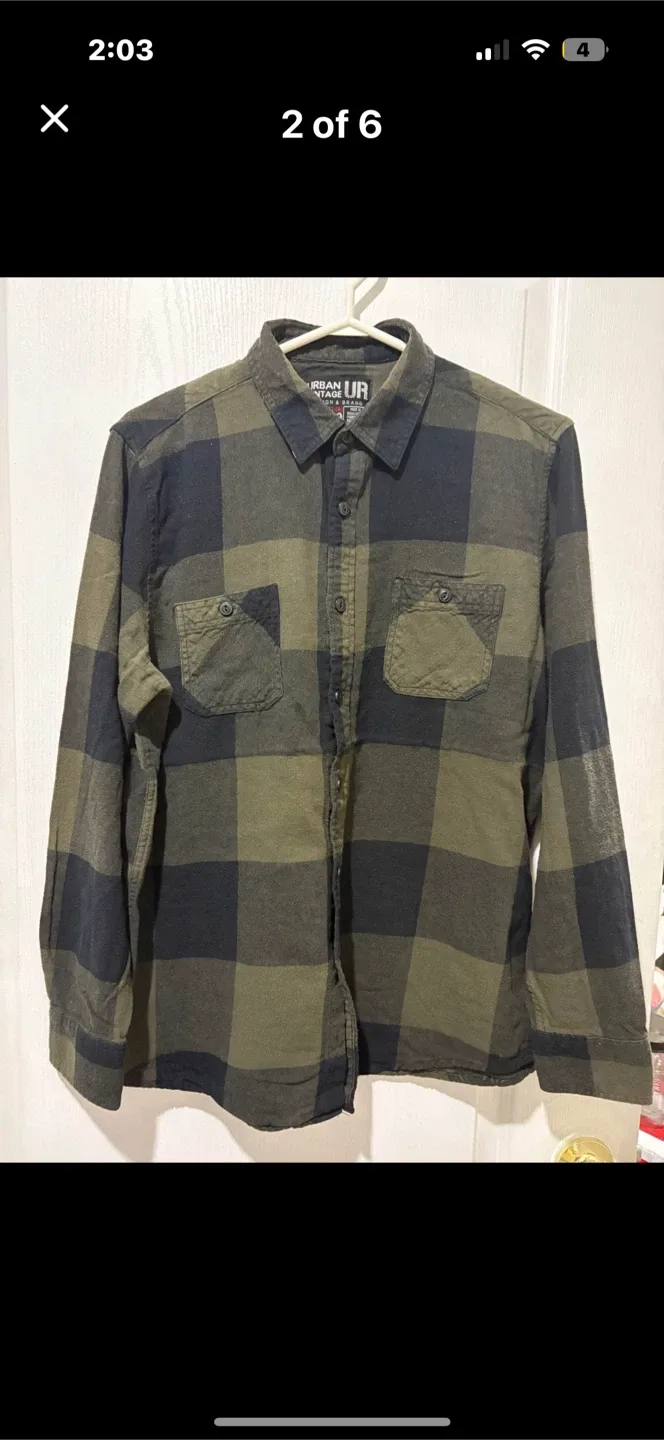 Urban Vintage Olive/Black Plaid Flannel - Large thumbnail