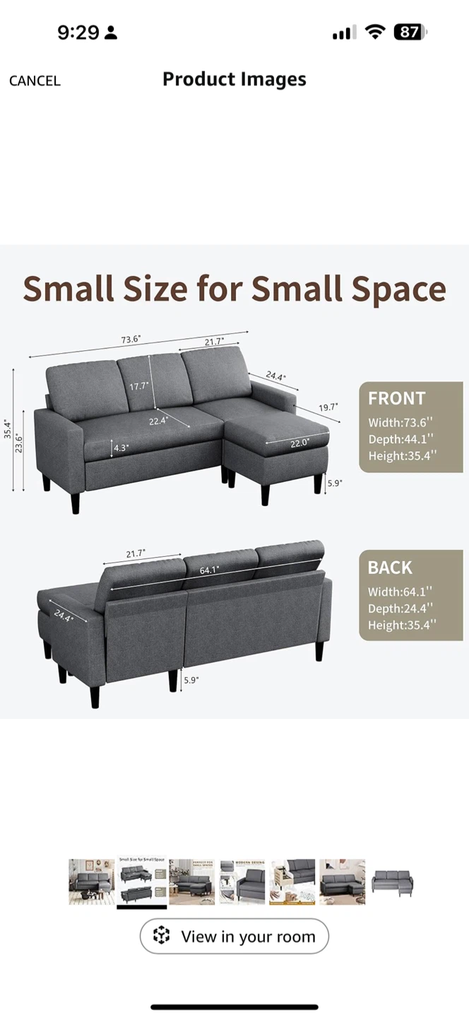 Bought 3 month ago Gray Small Space Sectional Sofa with Ottoman - photo 2