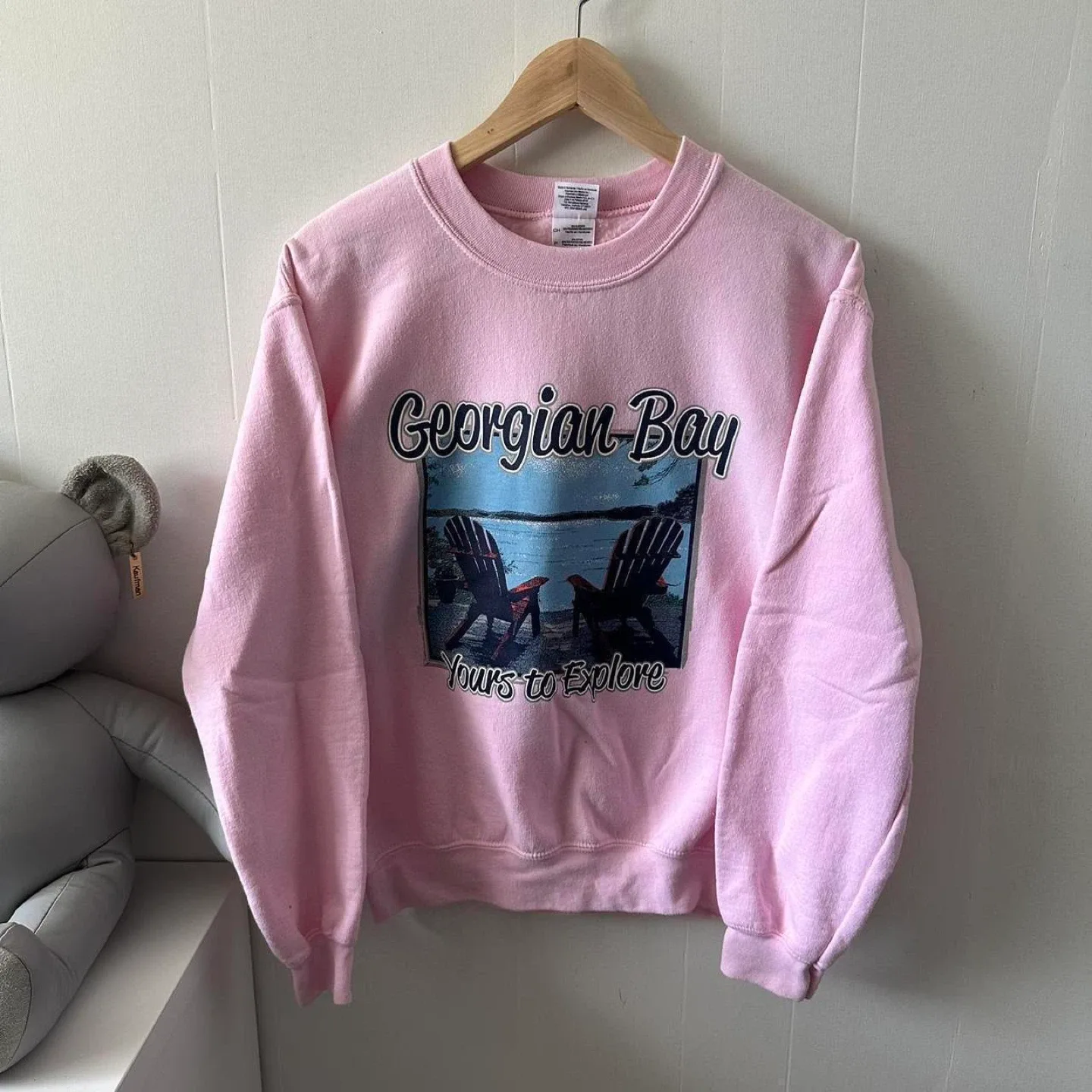 Pink crewneck sweatshirt with "Georgian Bay" graphic