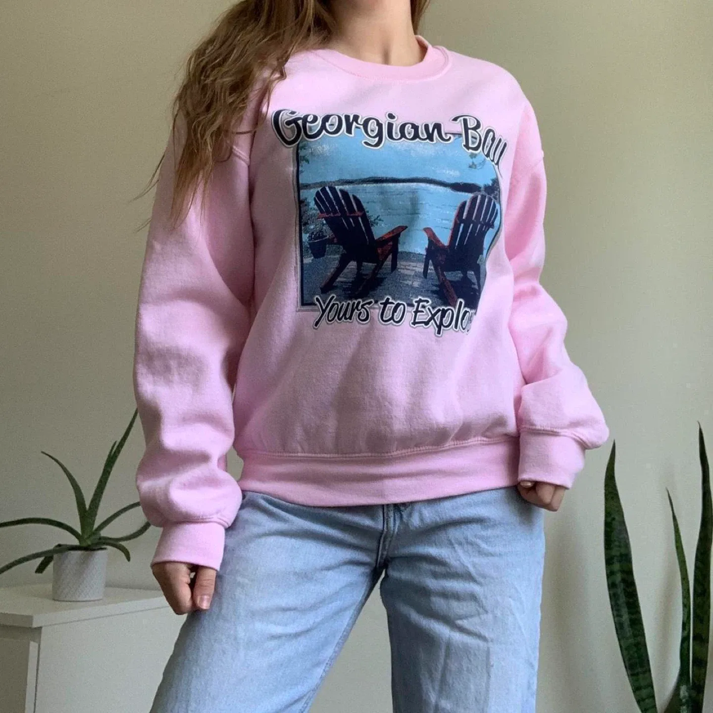 Pink crewneck sweatshirt with "Georgian Bay" graphic image indicator(7)