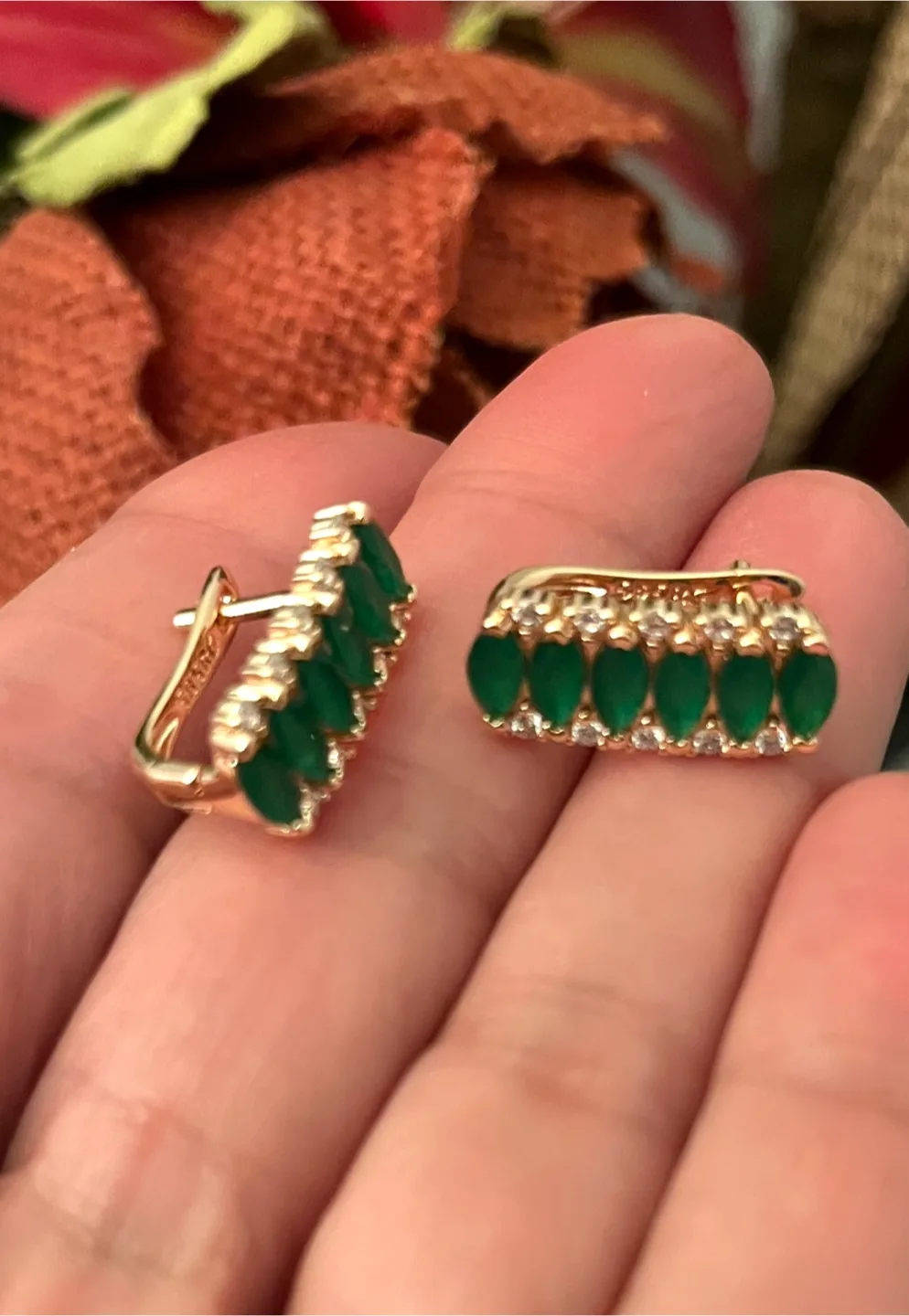 Emerald inspired Gold plated  Earrings thumbnail