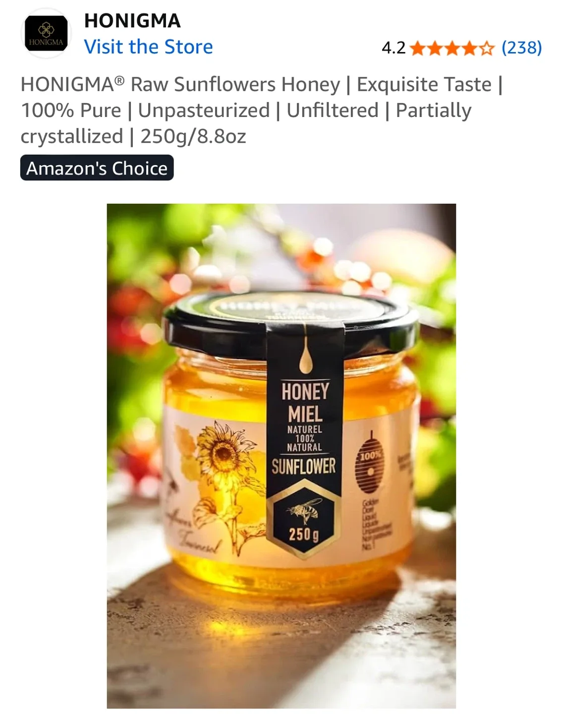 HONIGMA Raw Sunflower Honey 250g Ukrainian thumbnail