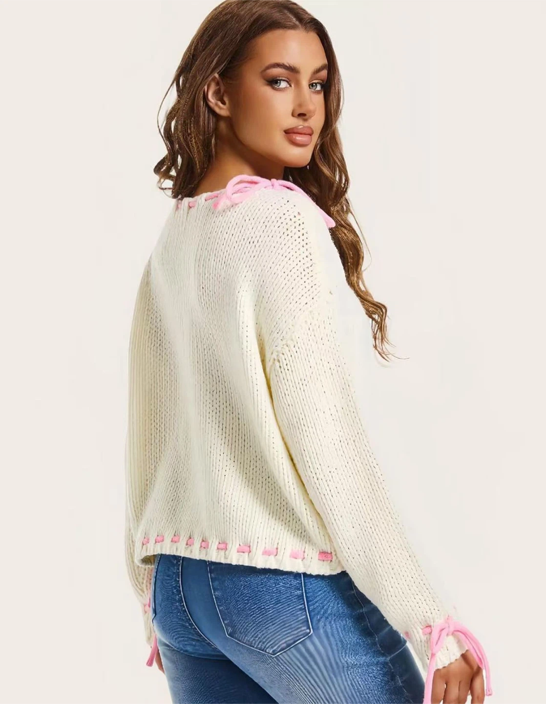 White Knit Sweater with Pink Ribbon Detail - photo 4