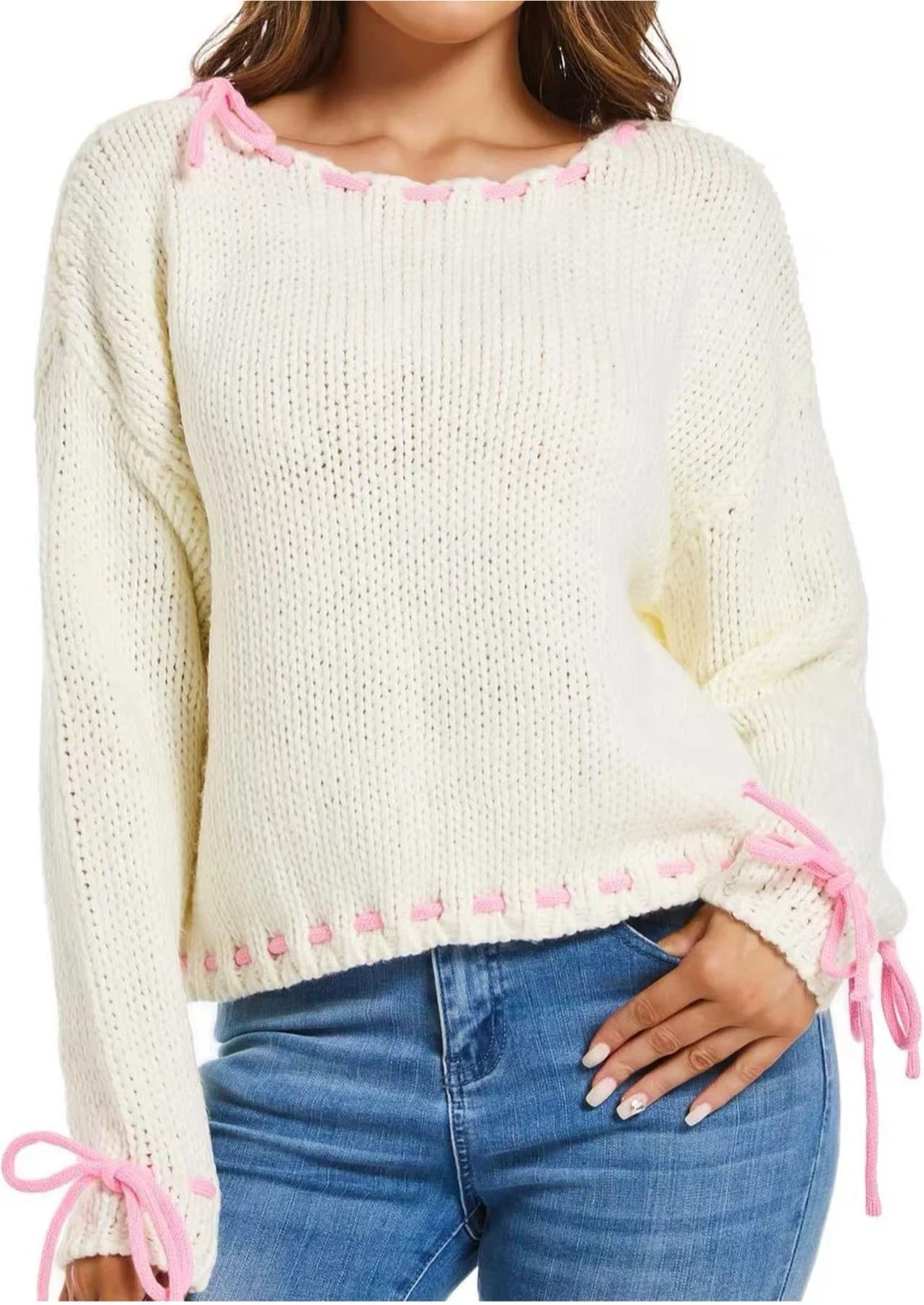 White Knit Sweater with Pink Ribbon Detail