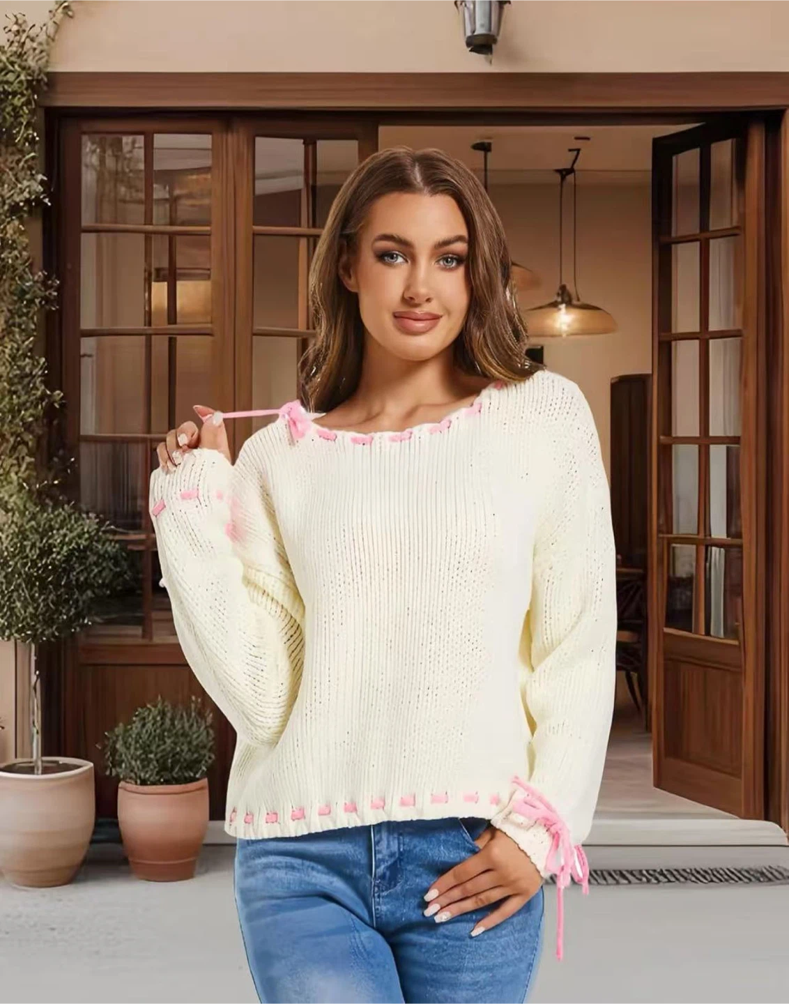 White Knit Sweater with Pink Ribbon Detail - photo 2